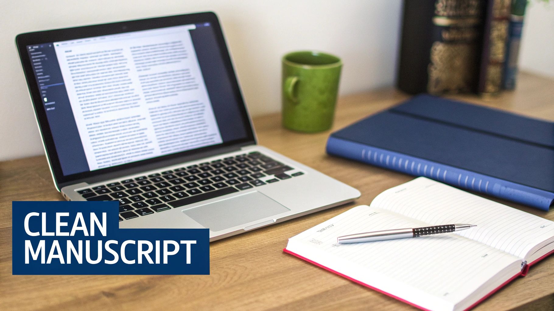 A clean workspace with a laptop displaying a manuscript, an open notebook, and a pen.