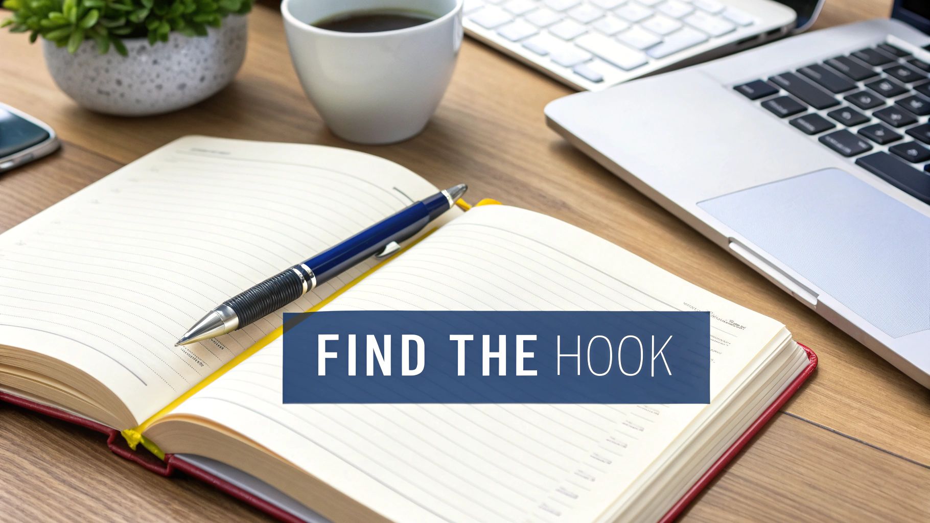 A pen on an open notebook on a wooden desk with a laptop, coffee cup, and plant.