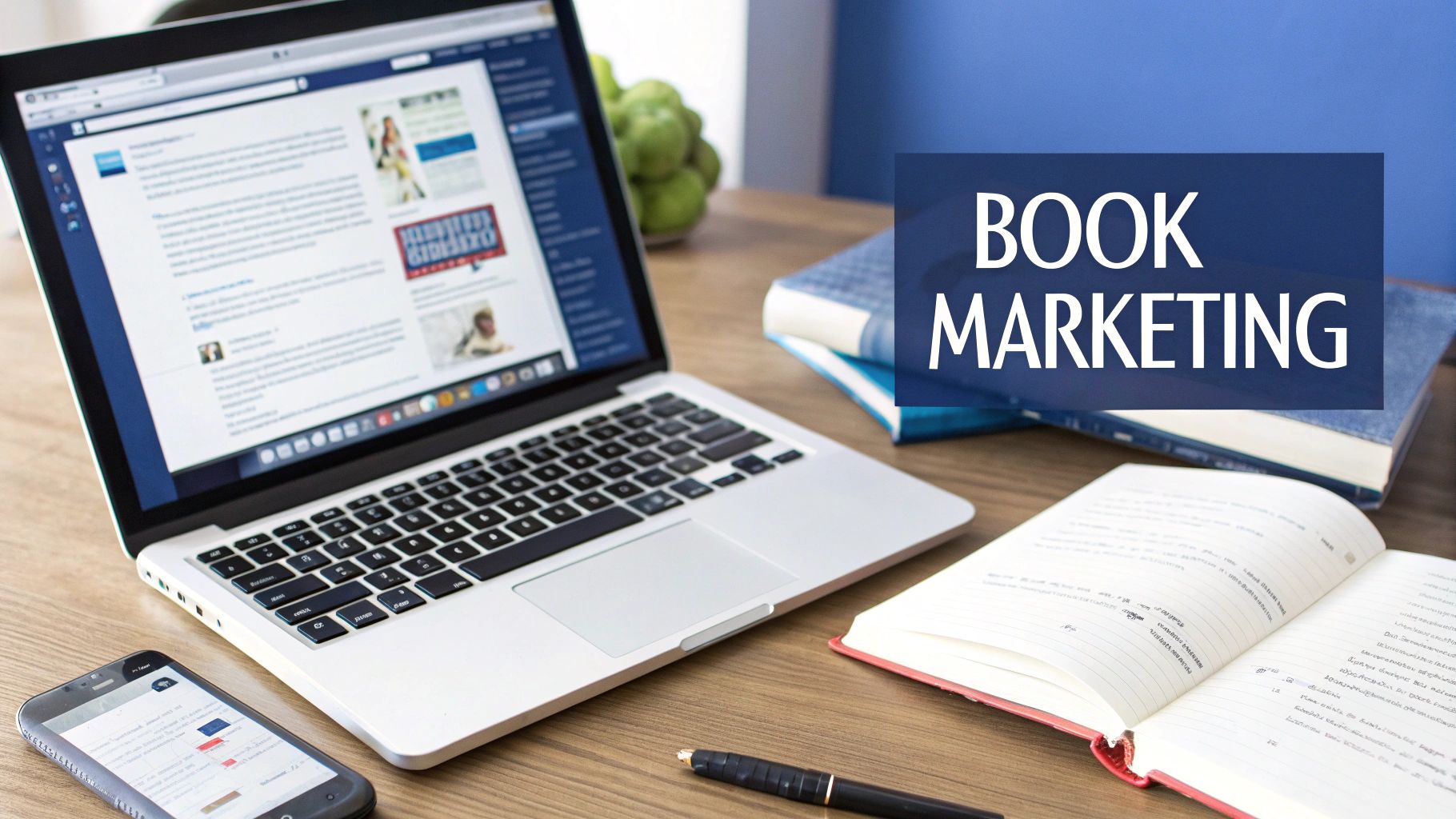 A laptop, smartphone, books, and an open notebook on a wooden desk, with 'BOOK MARKETING' overlay.