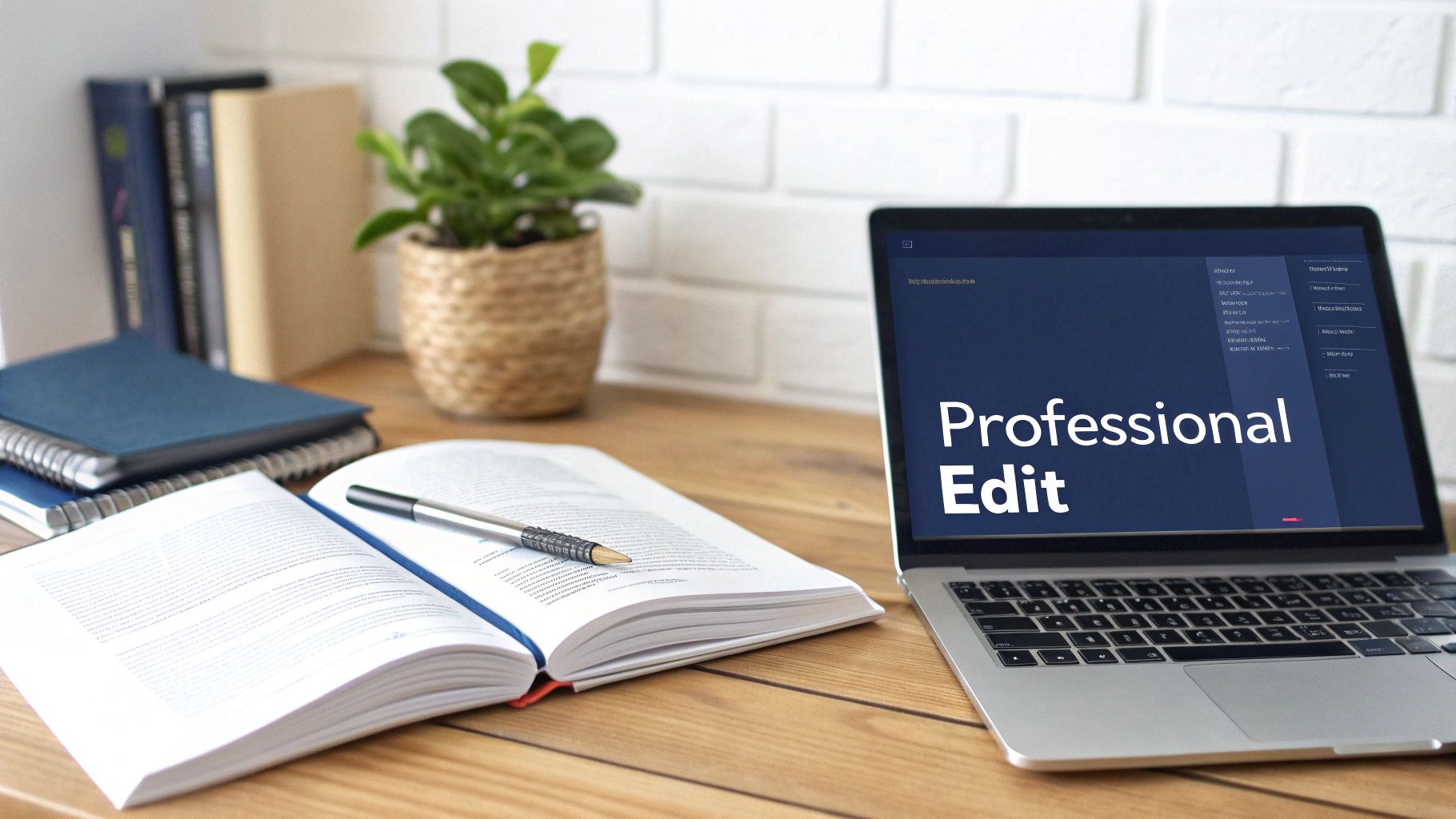 A professional desk setup with a laptop displaying 'Professional Edit', an open book, and green plant.