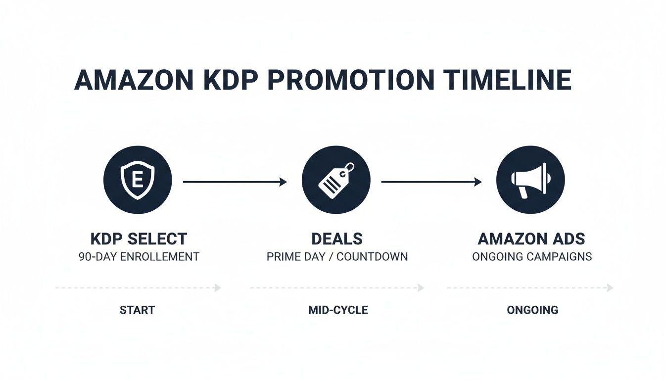 A timeline showing Amazon KDP book promotion stages: KDP Select, Deals, and Amazon Ads.