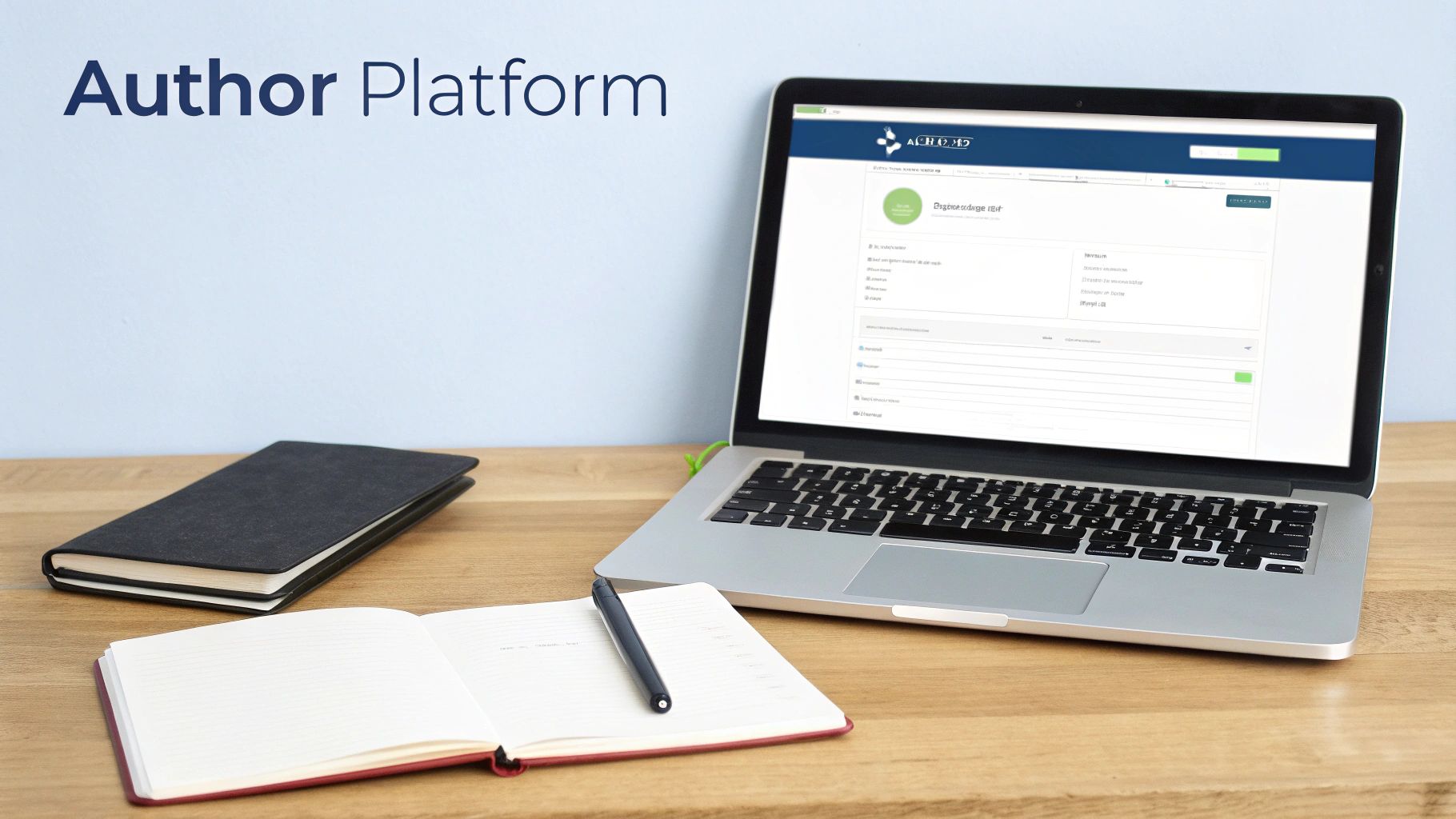 A laptop displaying an author platform, an open notebook with a pen, and a closed notebook on a wooden desk.
