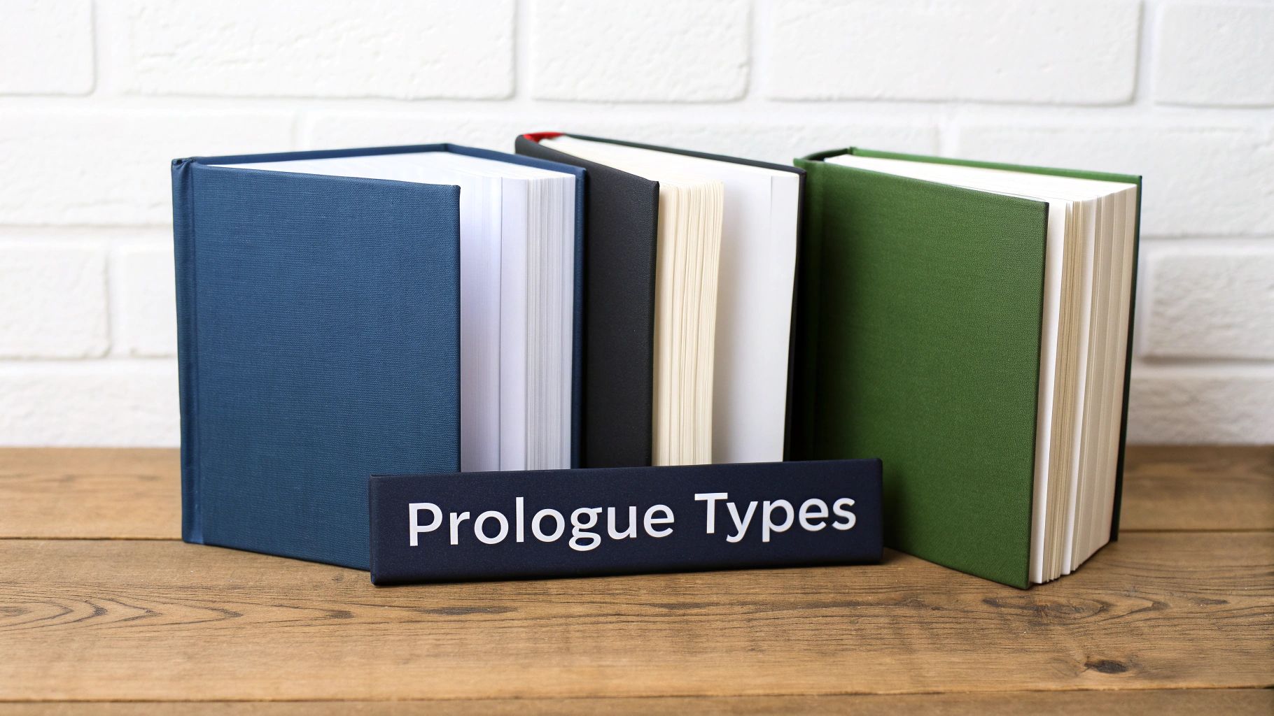 Several books in blue, black, and green, along with a 'Prologue Types' sign on a wooden desk.