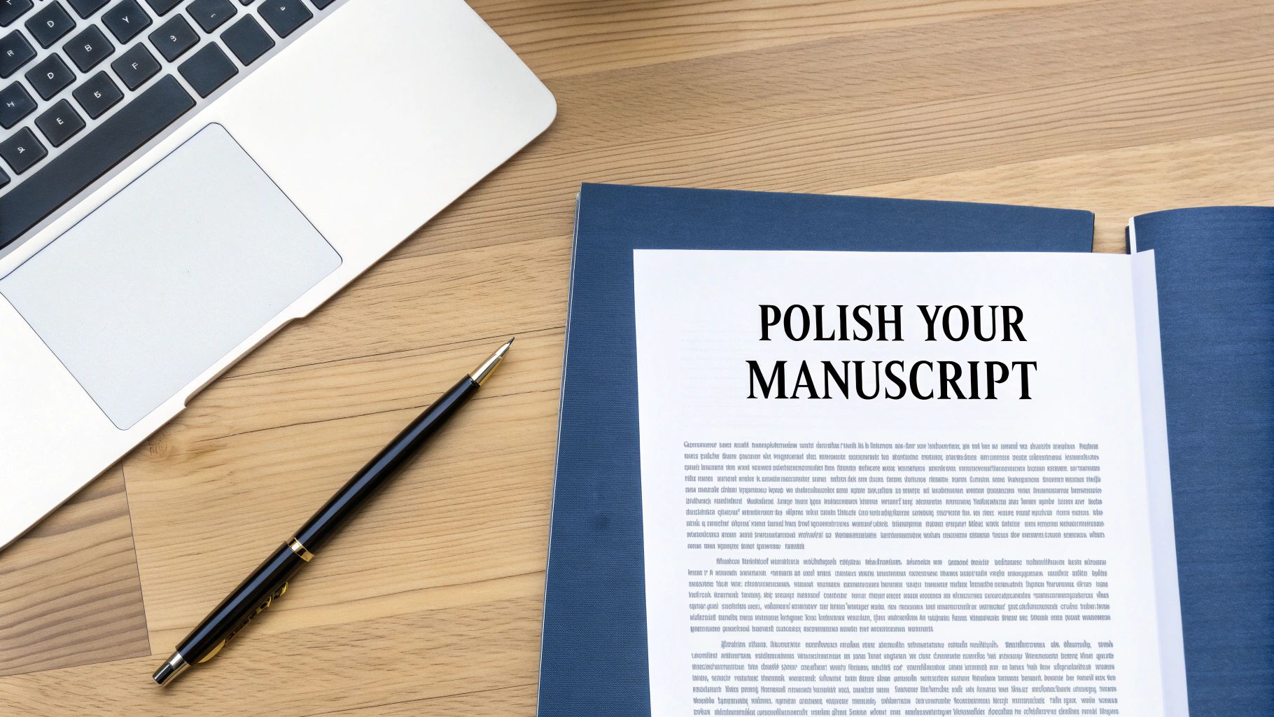 A person polishing a book manuscript on a wooden desk.