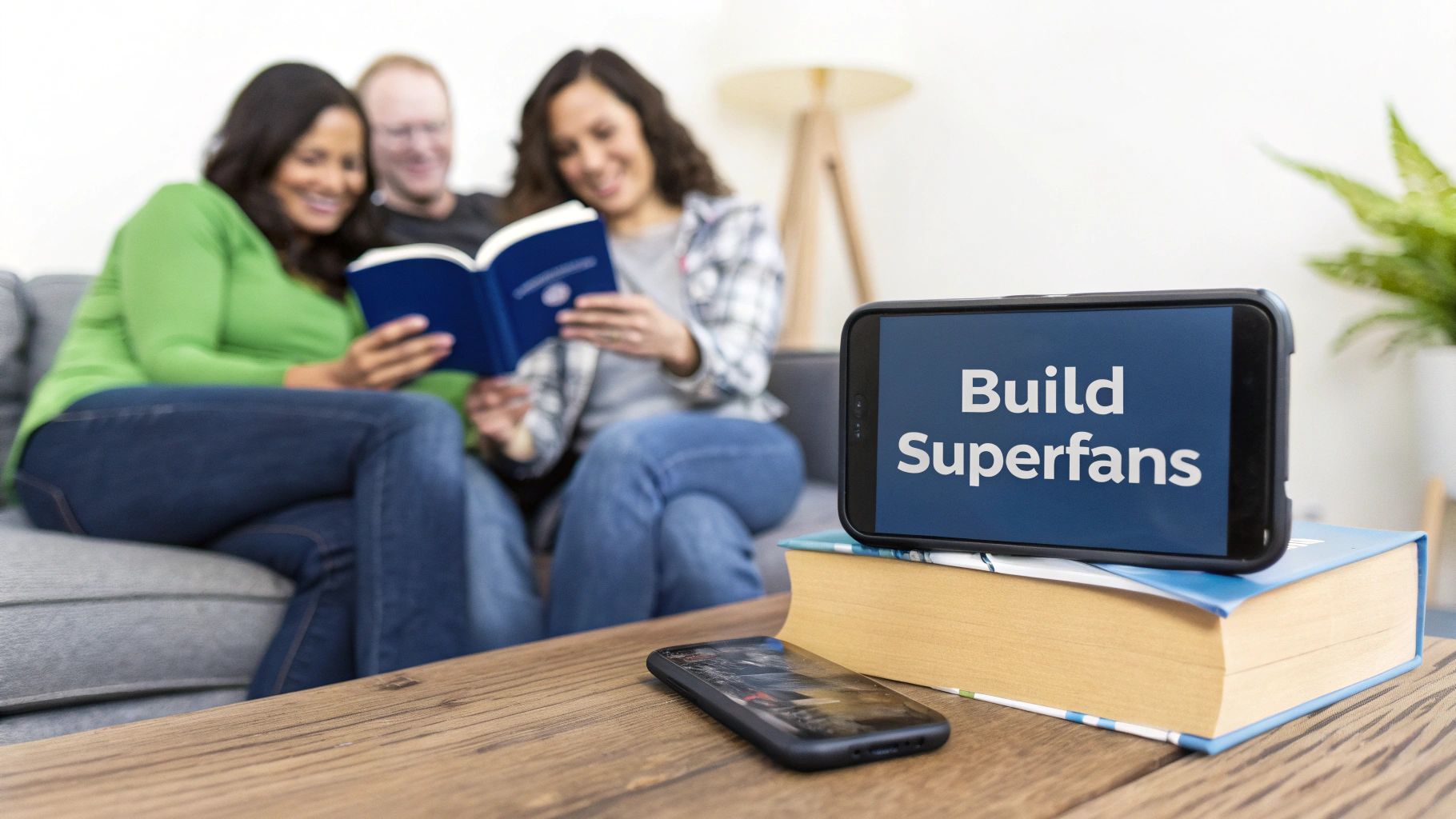Three smiling people reading a book on a couch, with a smartphone displaying 'Build Superfans' on a table.