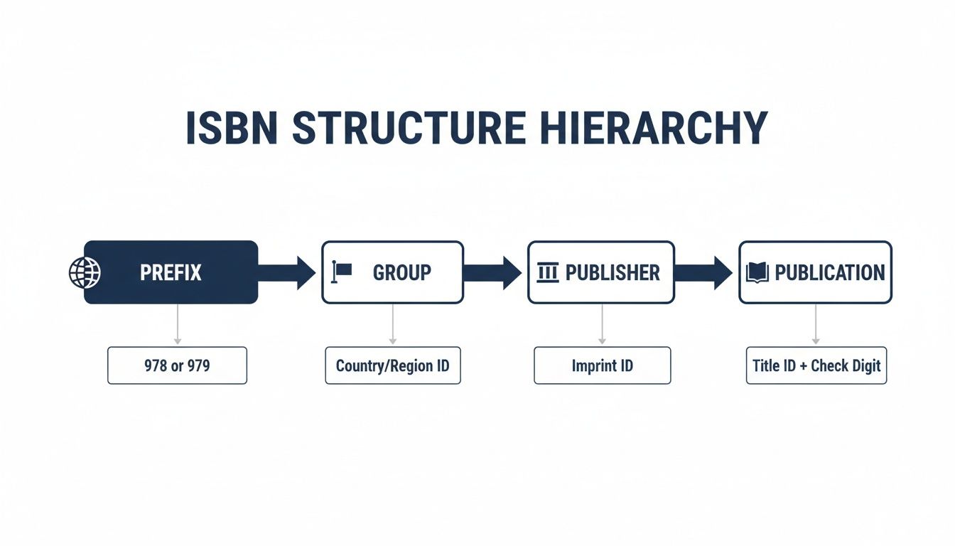 Diagram illustrating the ISBN structure hierarchy with its main components: Prefix, Group, Publisher, and Publication.