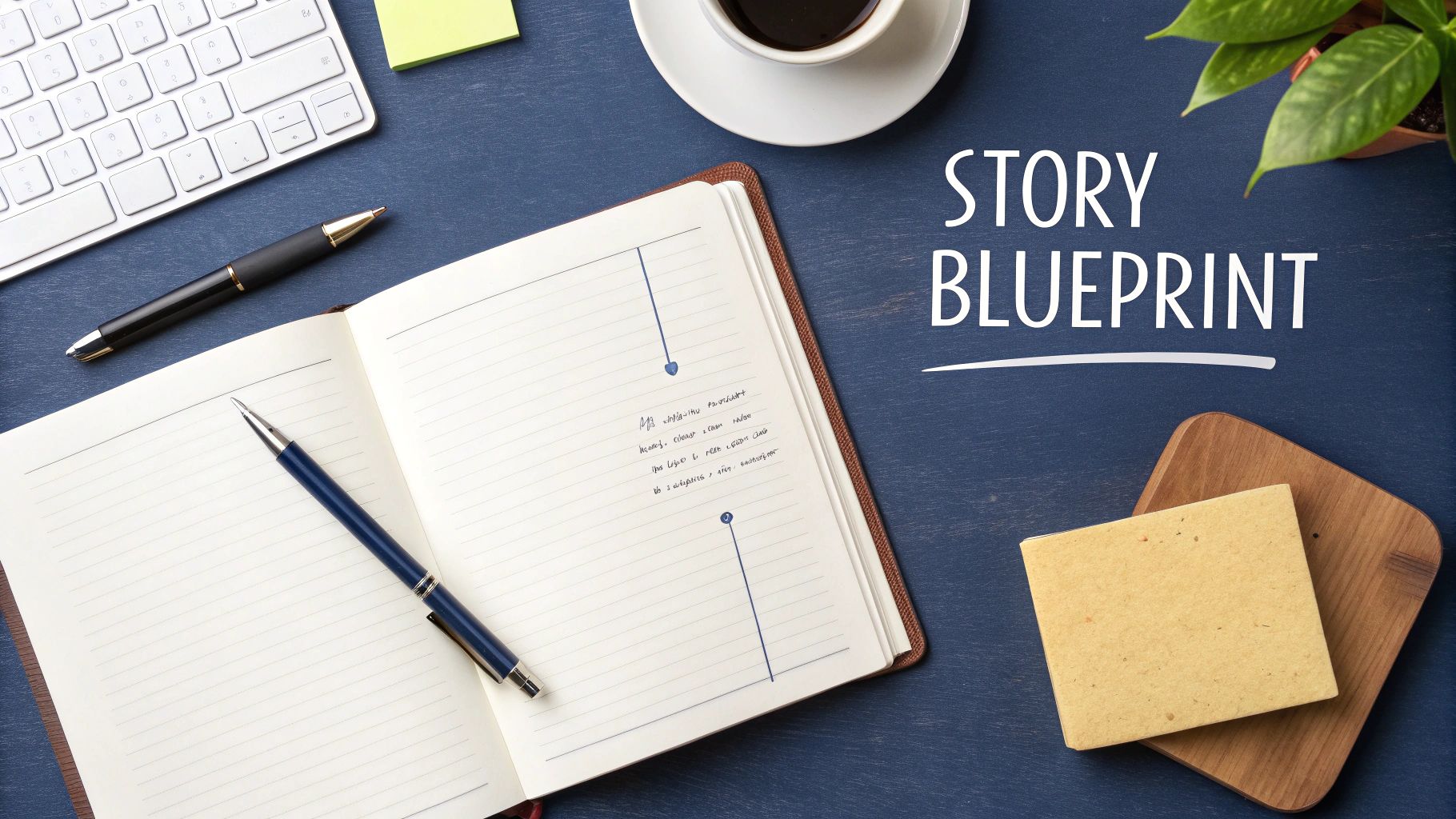 Overhead view of a creative writing workspace with 'STORY BLUEPRINT' on a notebook, pens, and coffee.