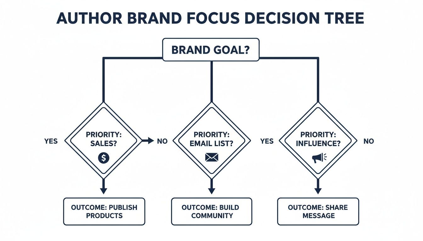 Author brand focus decision tree outlining priorities: sales, email list, and influence with outcomes.