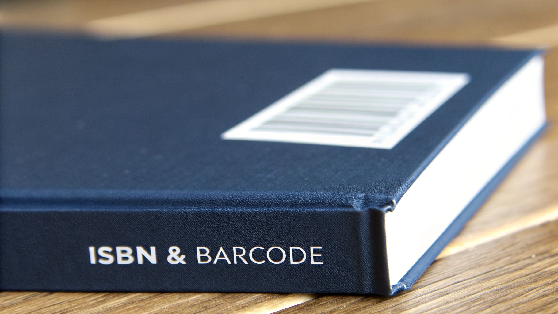 A close-up of a dark blue book with 'ISBN & BARCODE' on its spine and a blurry barcode label.