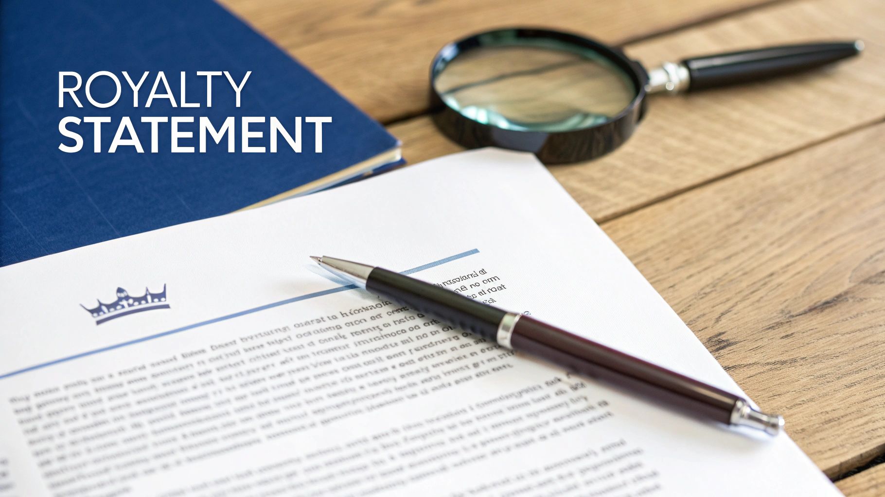 A document labeled "ROYALTY STATEMENT" with a pen, magnifying glass, and blue folder on a wooden table.