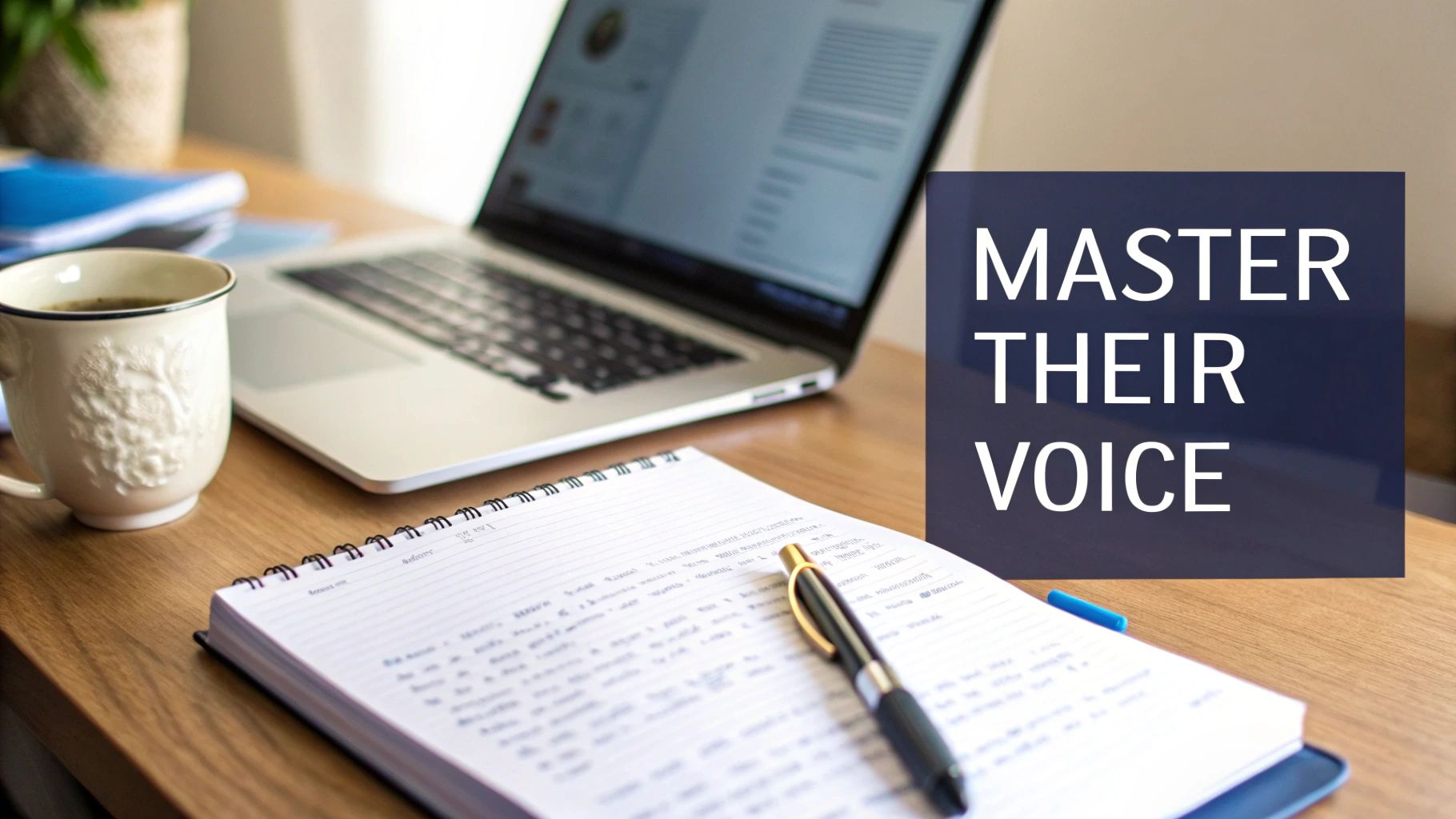 A desk setup featuring a laptop, coffee mug, notebook, and pen, with the text 'MASTER THEIR VOICE'.