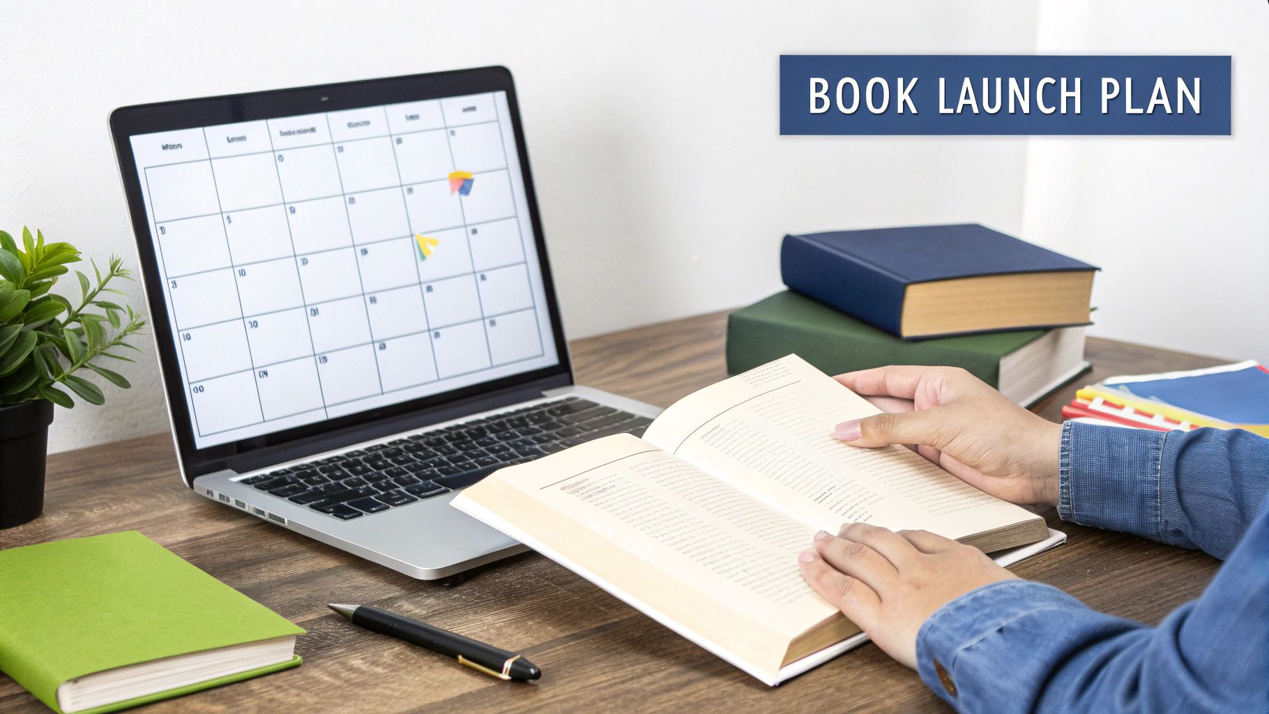 A person reads a book at a desk with a laptop showing a calendar, alongside books, planning a book launch.
