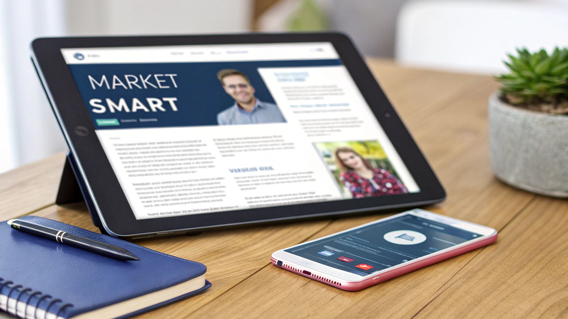 A tablet, smartphone, notebook, and pen on a wooden desk, displaying digital marketing content.