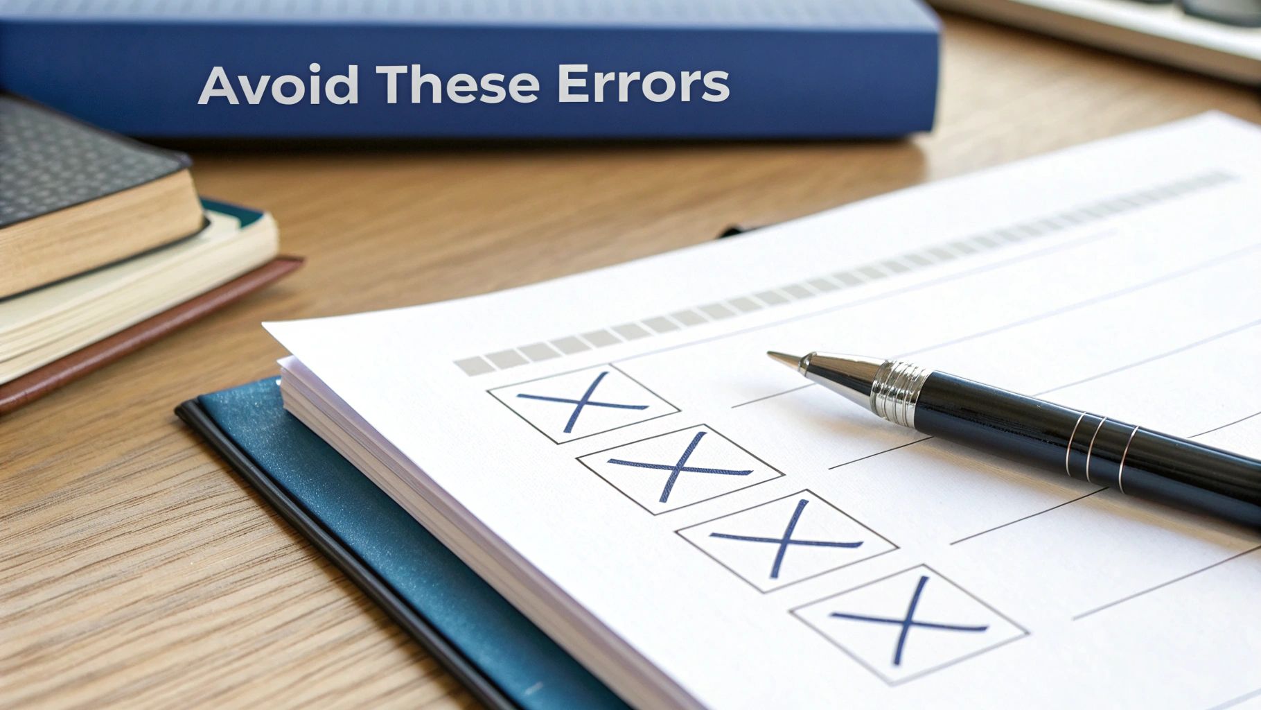 A checklist paper with several 'X' marks and a pen, next to a blue binder stating "Avoid These Errors."
