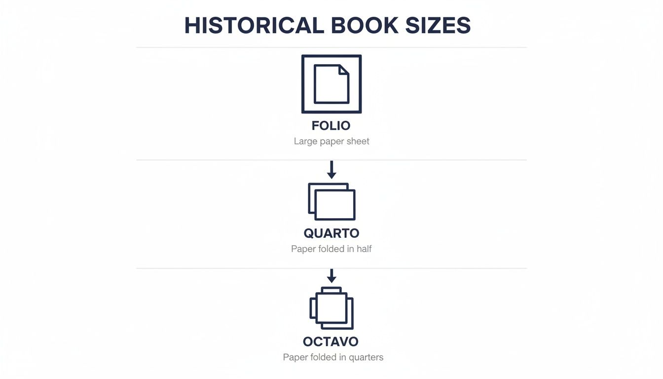 Diagram illustrating historical book sizes: Folio, Quarto, and Octavo, based on paper folding methods.
