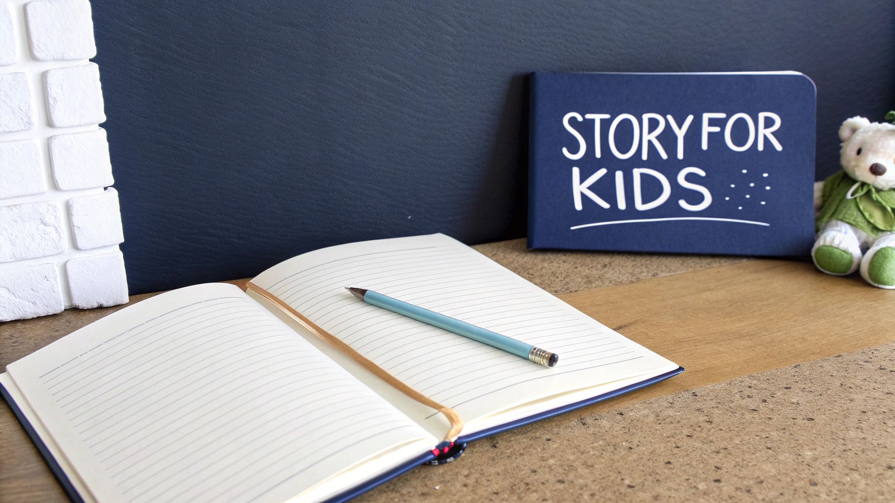 An open notebook with a pencil, a 'Story for Kids' book, and a teddy bear, suggesting children's book creation.