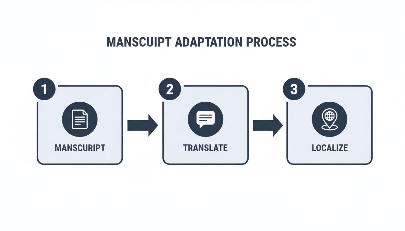 Diagram illustrating the manuscript adaptation process: Manuscript, Translate, and Localize steps with icons.