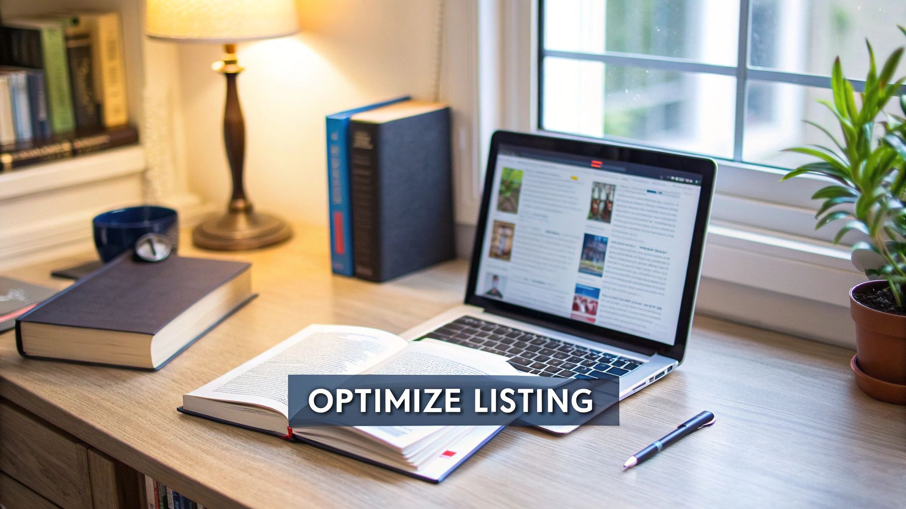 A desk with an open book and laptop showing 'Optimize Listing' banner, surrounded by study items.