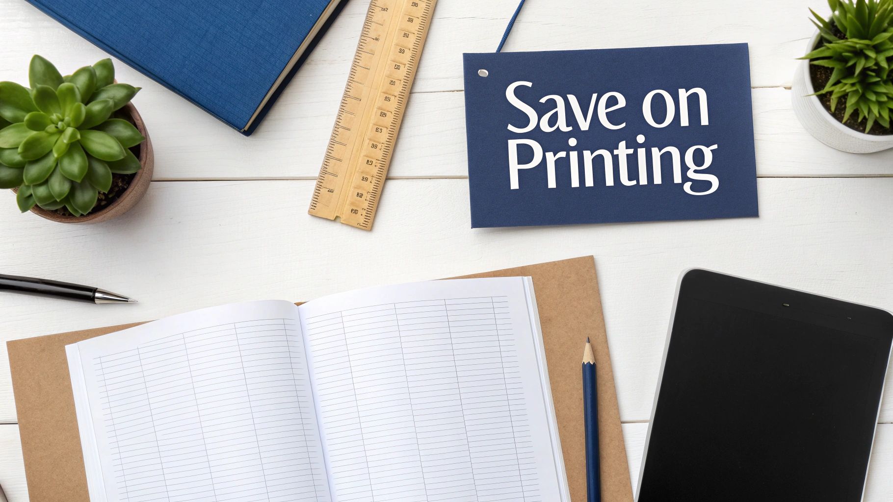 Overhead shot of a white desk with office supplies, an open notebook, and a "Save on Printing" sign.