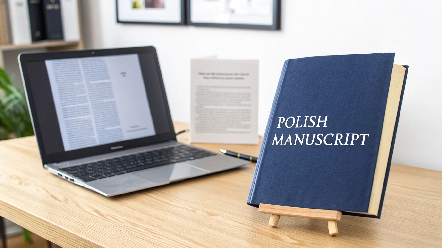 A blue book titled 'Polish Manuscript' on an easel next to a laptop displaying text on a wooden desk.