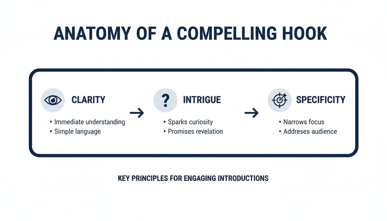 Diagram outlining key principles for a compelling hook: clarity, intrigue, and specificity with descriptions.