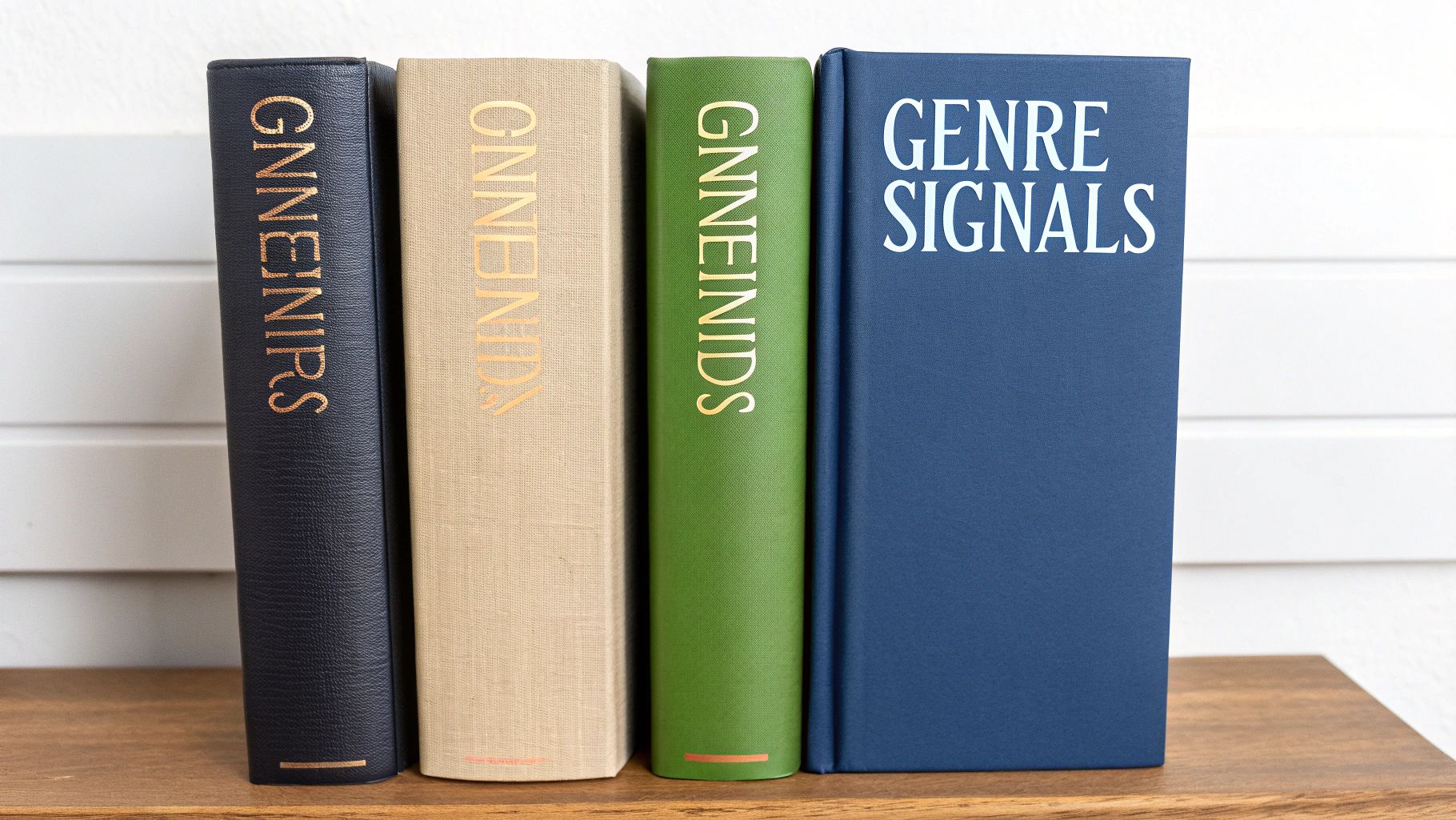Several books from different genres arranged on a shelf.