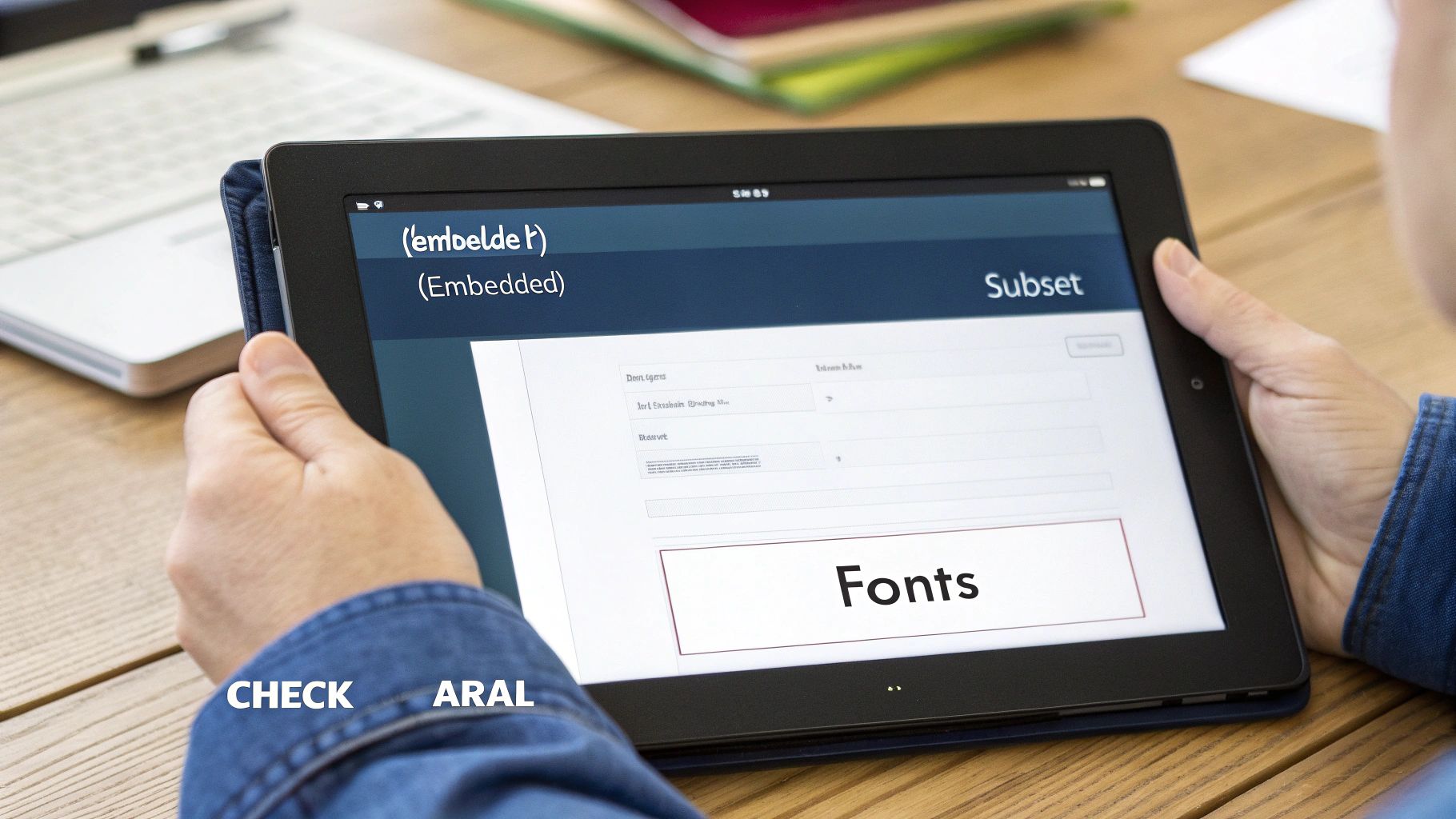 A person holds a tablet displaying a screen with information about embedded fonts and subsets.