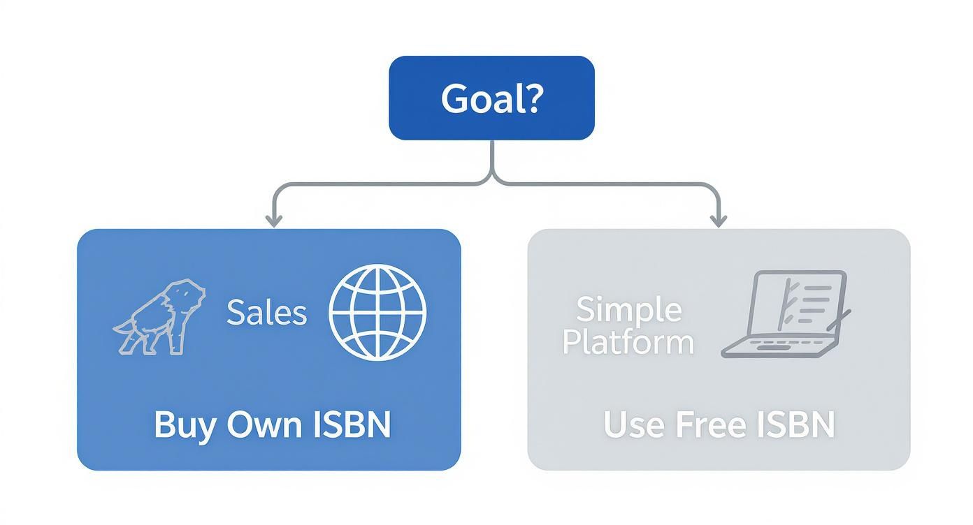 A flowchart illustrates two paths for book publishing goals: buying an ISBN for sales or using a free ISBN on a simple platform.