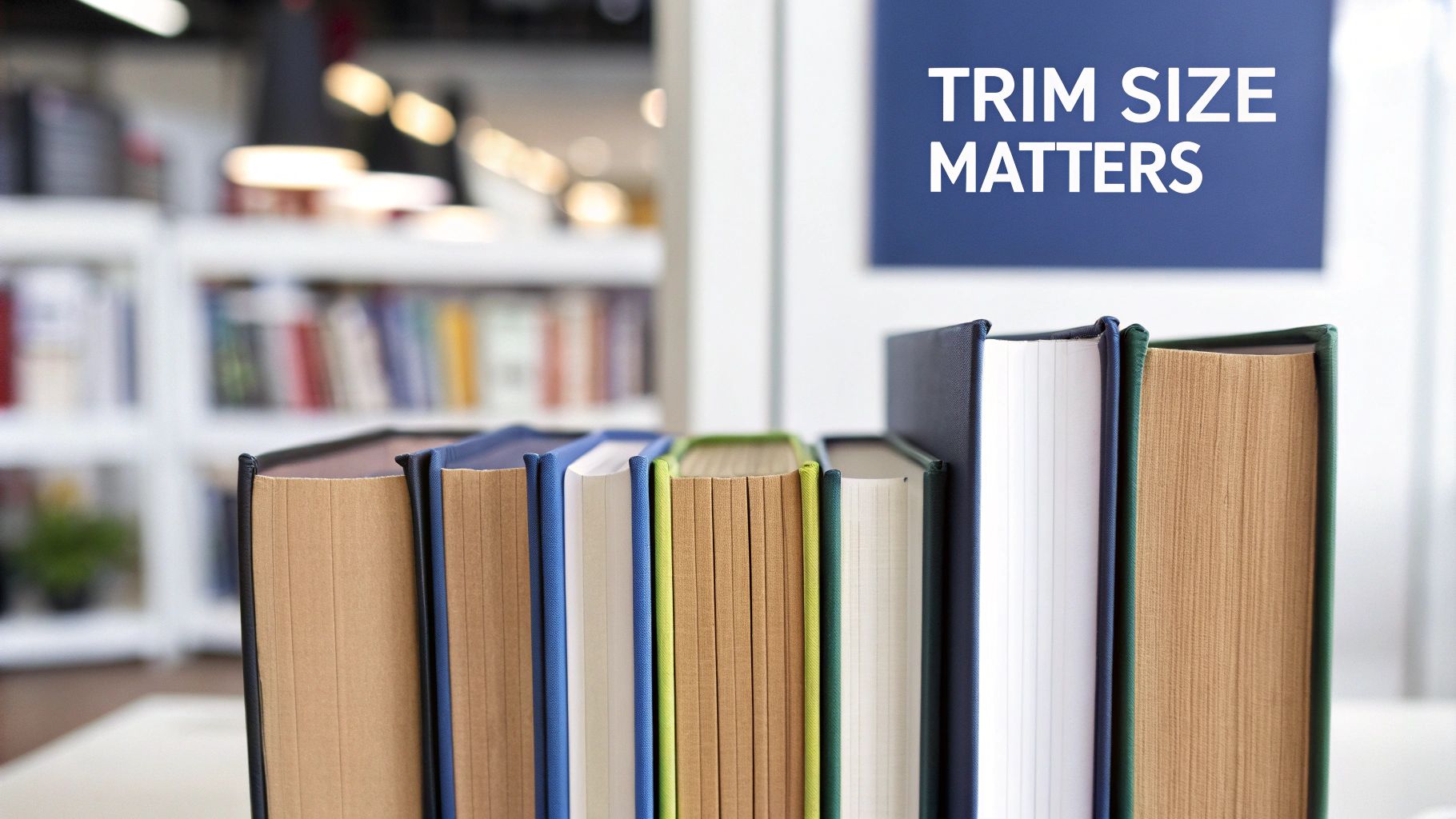 Row of hardcover books showing spine thickness and trim sizes on white shelf with blue sign