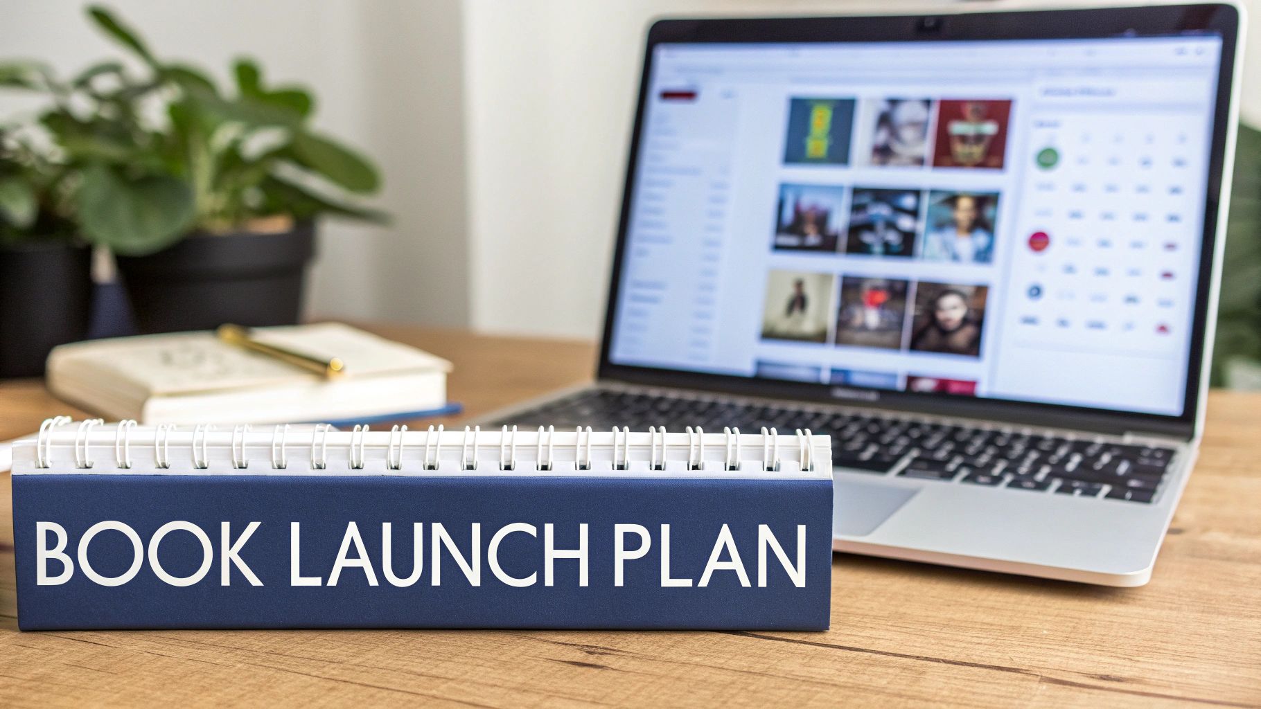 A 'BOOK LAUNCH PLAN' desk calendar sits on a wooden desk with a laptop and notepad.