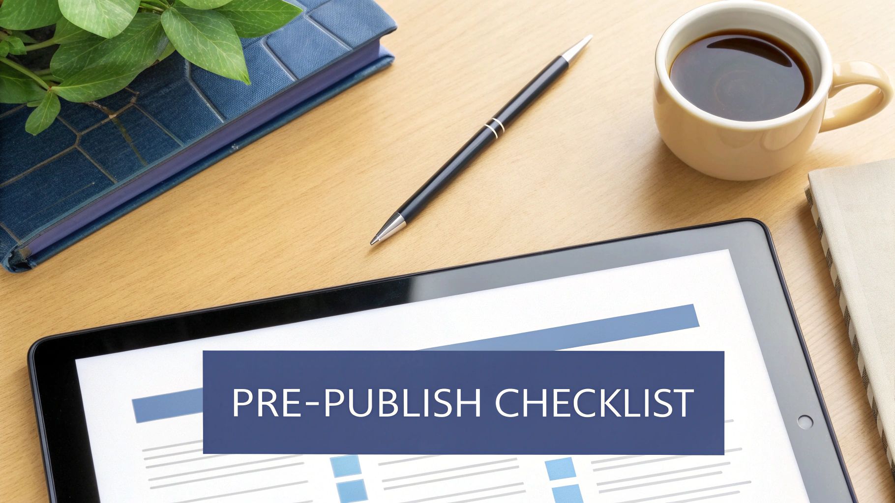 Overhead desk view with a tablet showing a 'Pre-Publish Checklist,' pen, coffee, and notebooks.