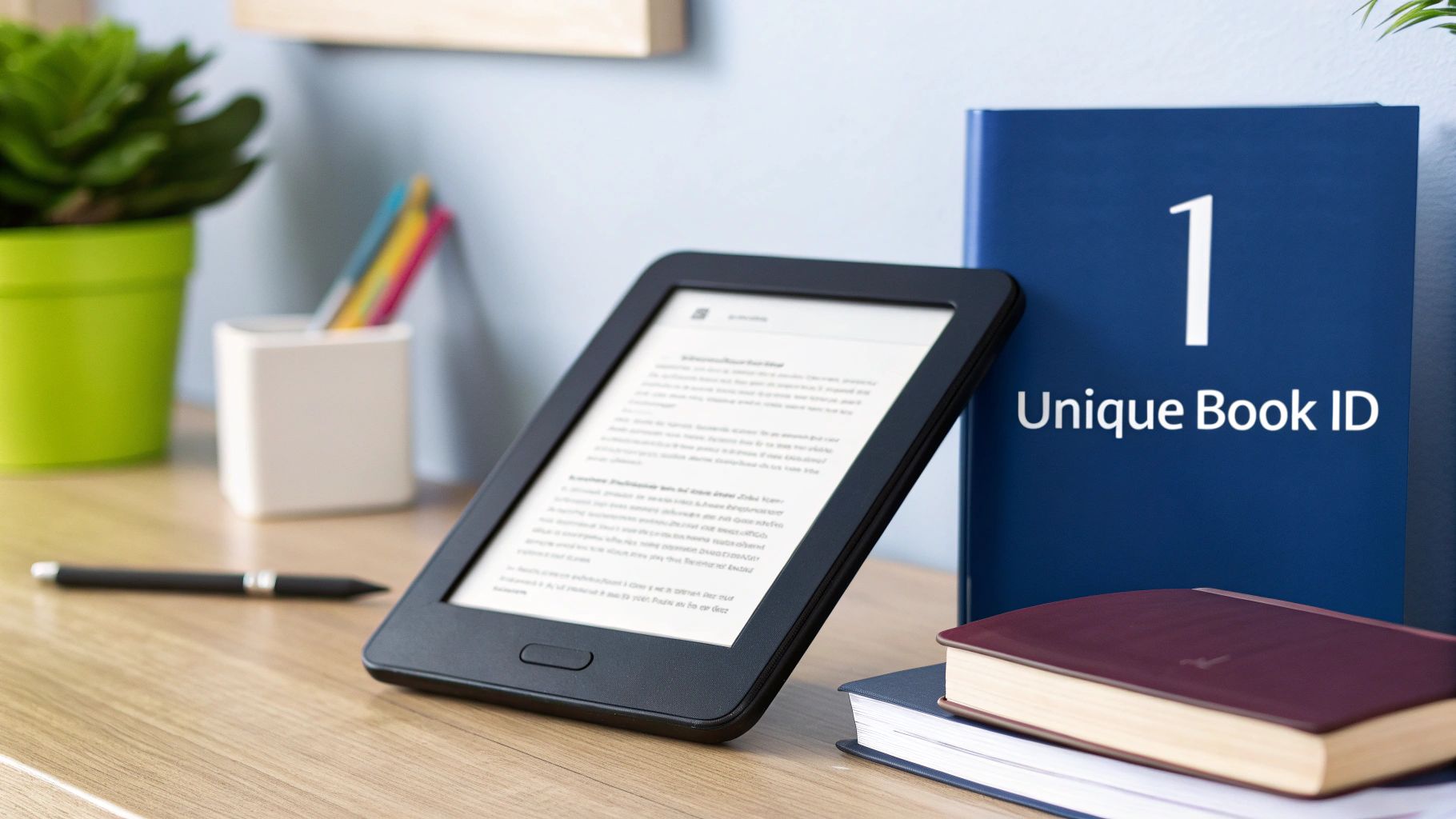 E-reader displaying text on a wooden desk next to a blue book labeled 'Unique Book ID'.