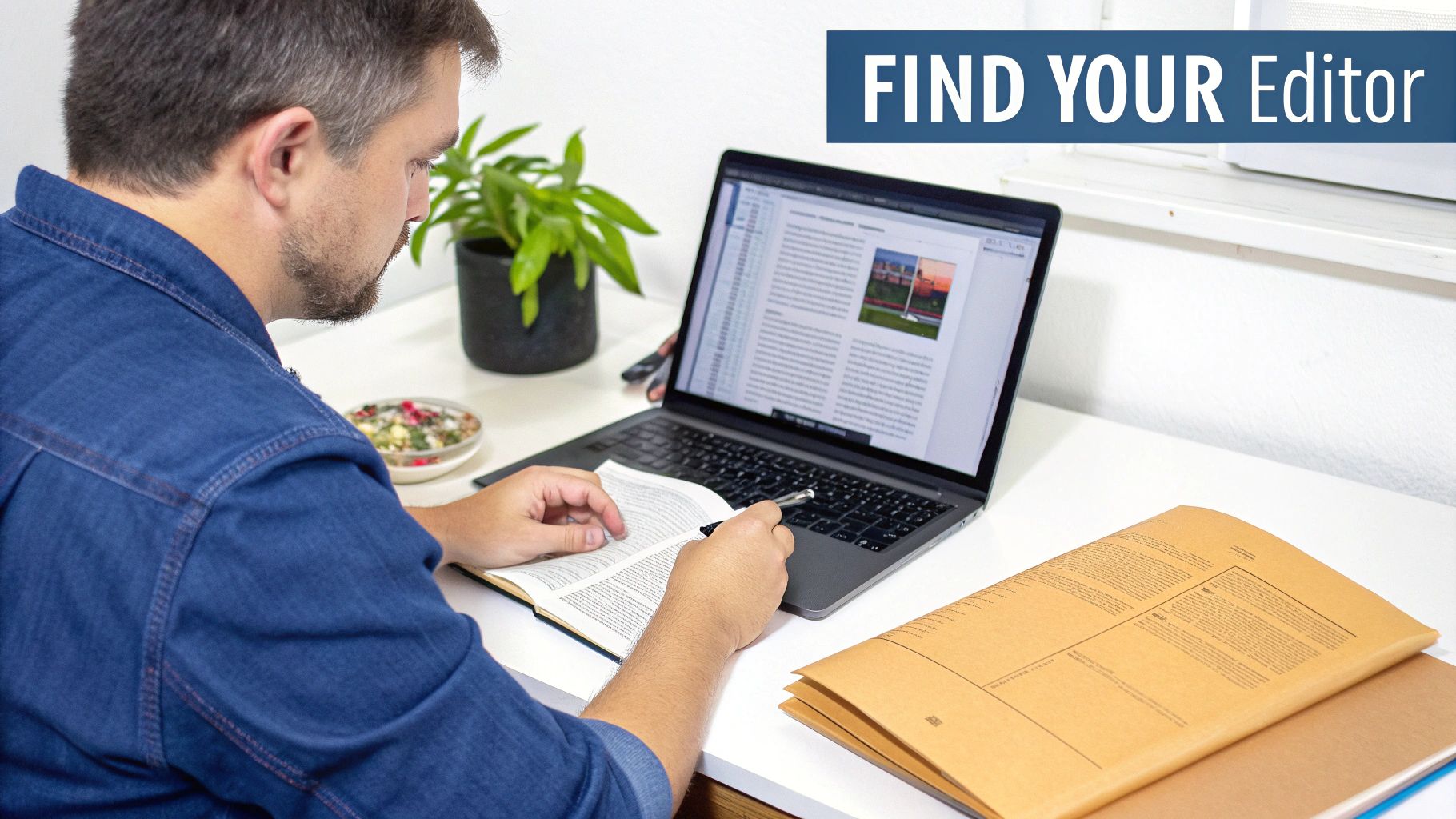 A man reads a book and uses a laptop at a white desk, with plants and papers.