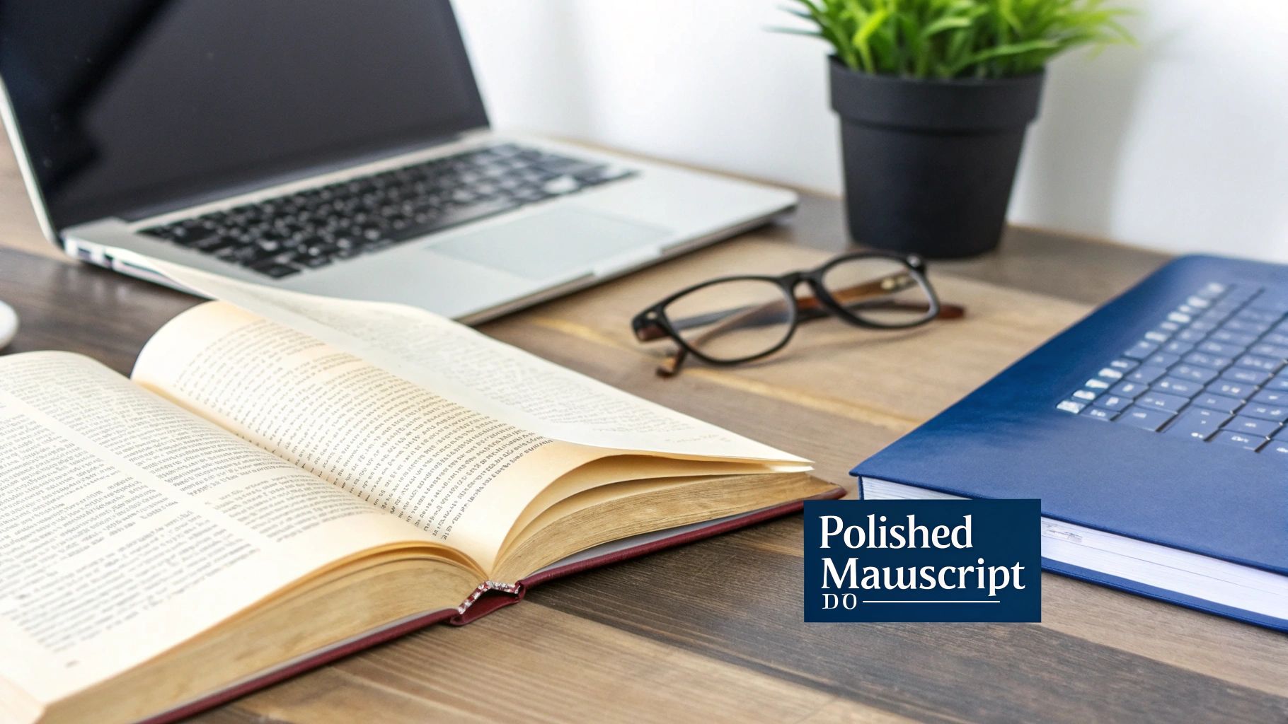 An open book, laptop, glasses, and a potted plant on a wooden desk, suggesting a productive workspace.