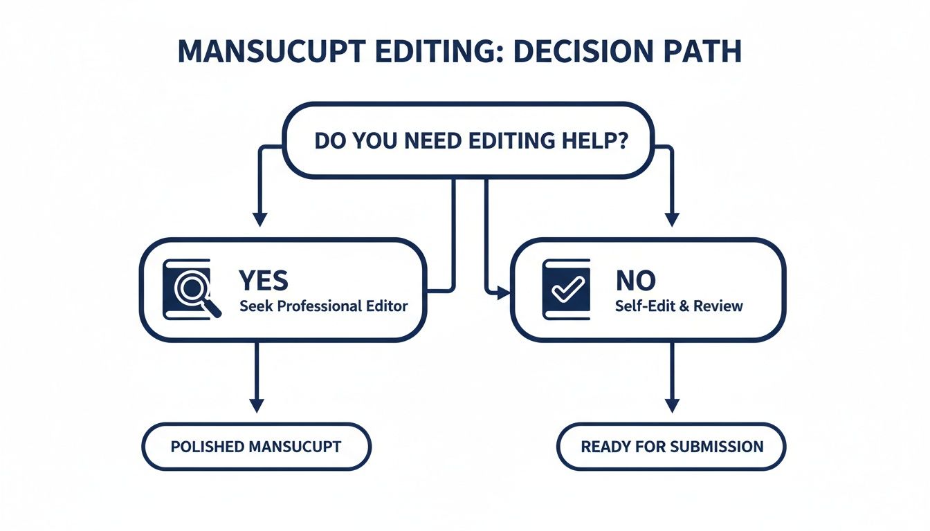 Flowchart showing manuscript editing decision path: professional help for polished manuscript, or self-edit for submission.