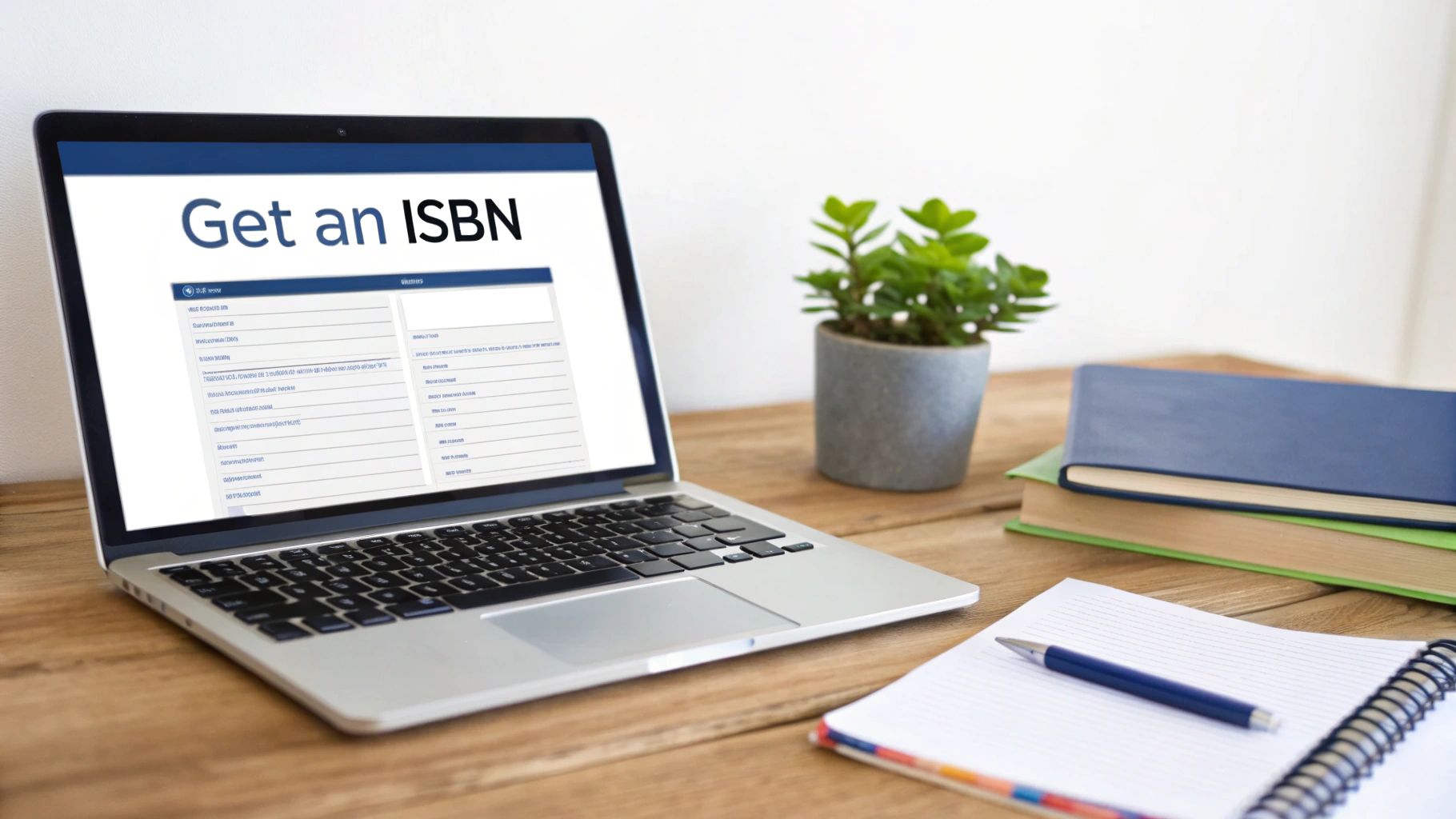A laptop on a wooden desk displaying 'Get an ISBN', with books and a notebook.