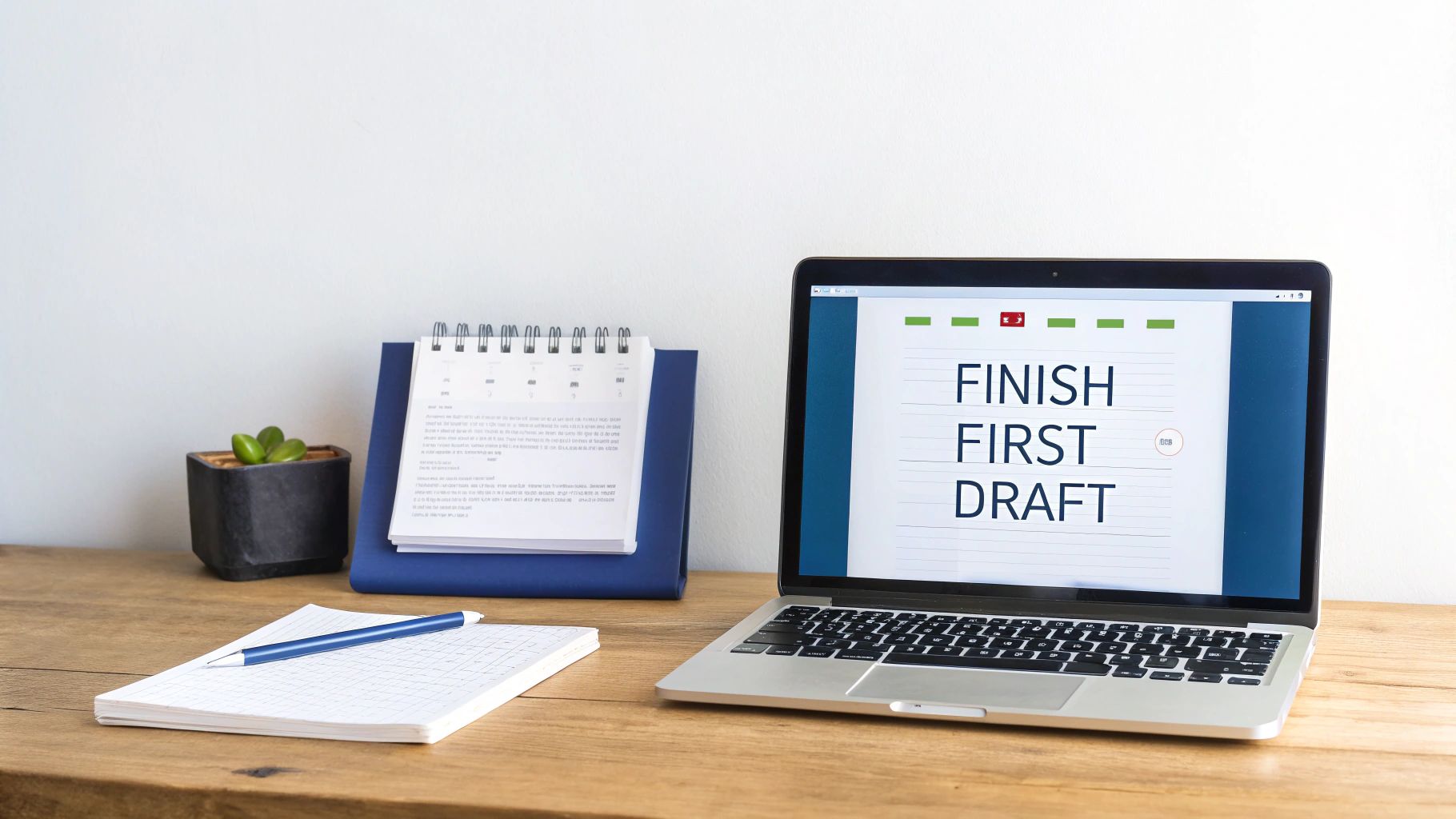 A clean workspace with a laptop displaying 'FINISH FIRST DRAFT', a notebook, pen, and calendar.