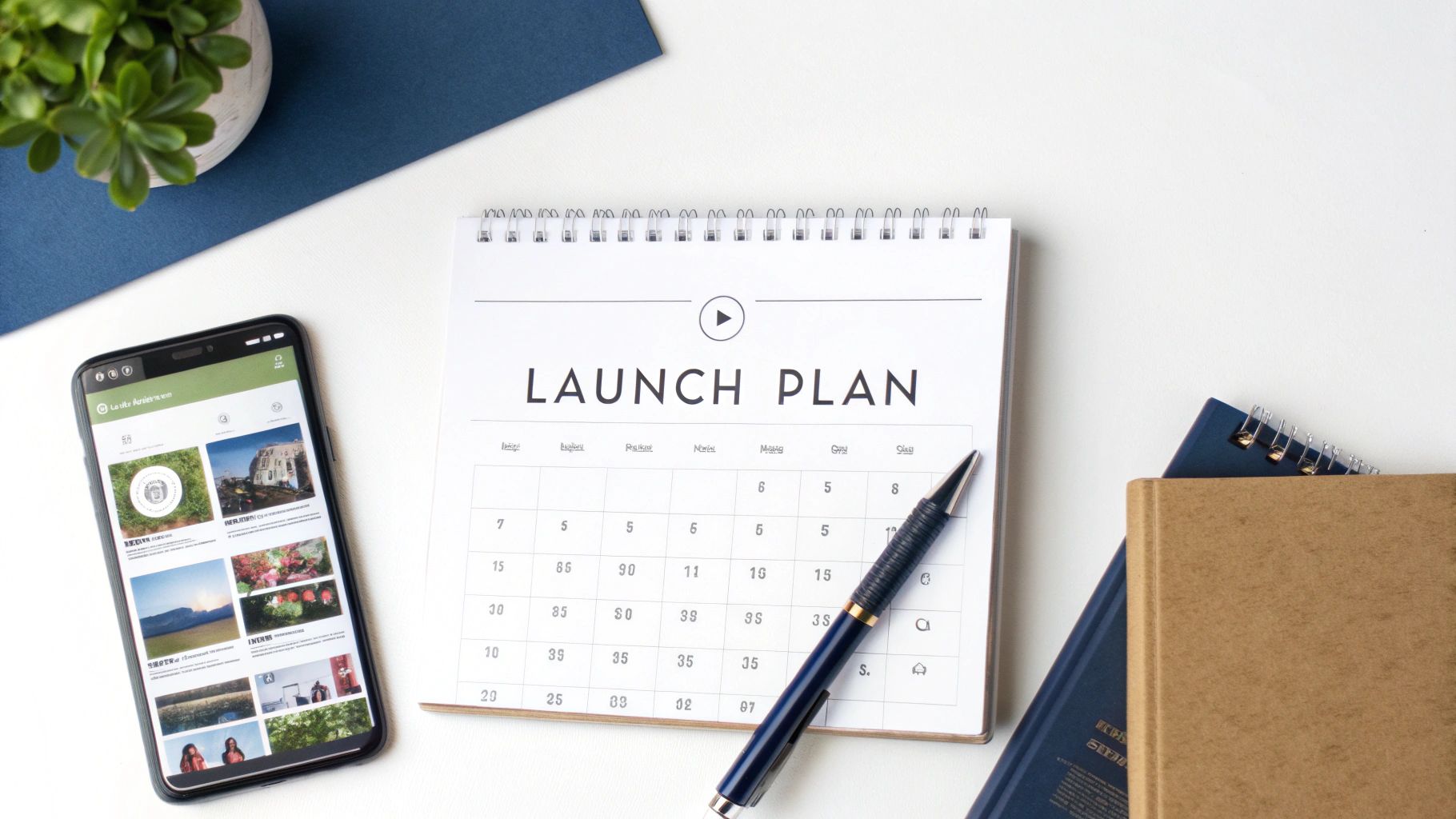 A flat lay shows a "Launch Plan" calendar, pen, smartphone, plant, and notebooks on a white desk.