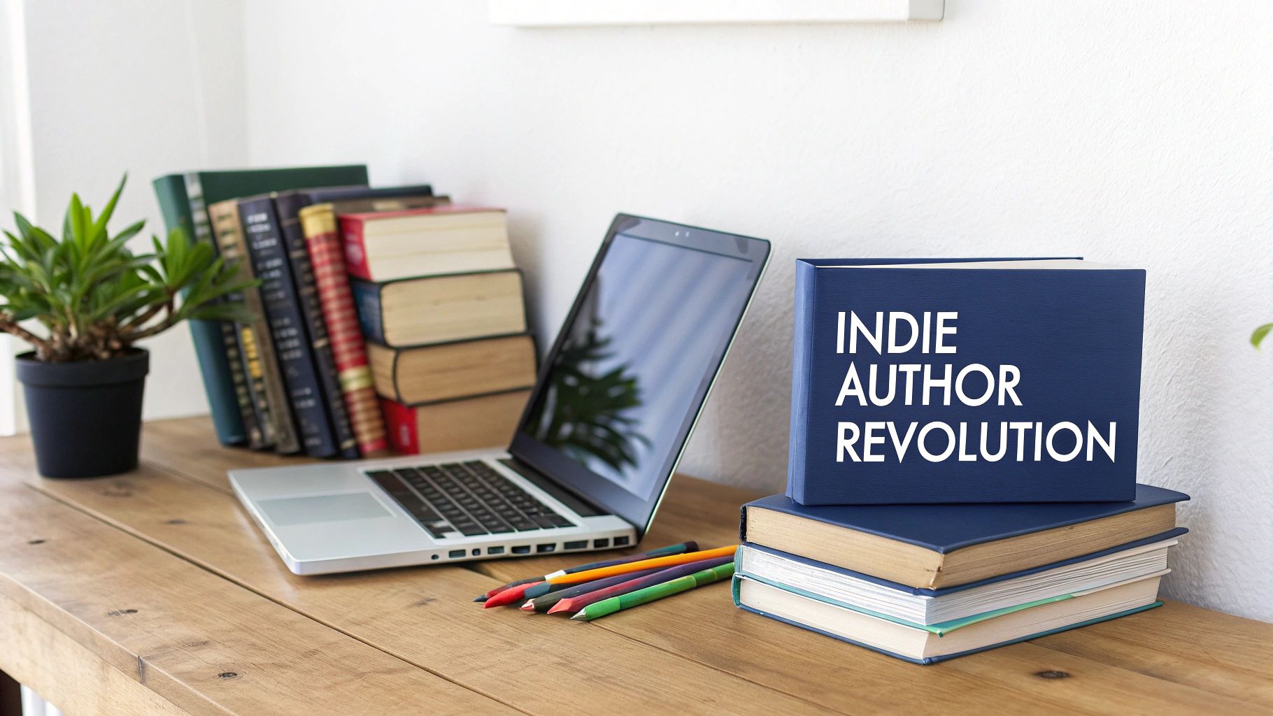 A creative workspace with a laptop, potted plant, and a prominent blue book titled 'Indie Author Revolution'.