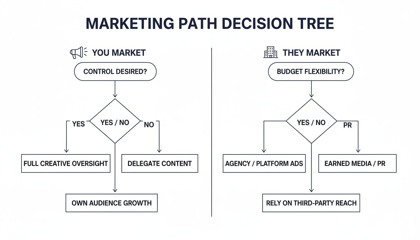 A marketing path decision tree diagram comparing 'you market' and 'they market' strategies.