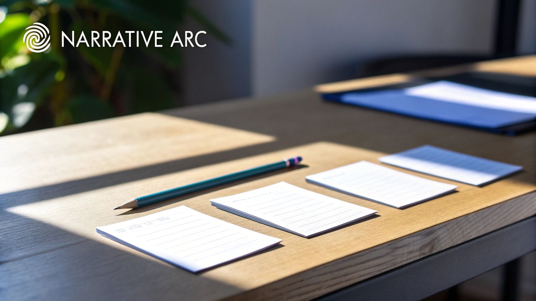 A wooden desk with a pencil, notecards, and a blue folder, featuring the 'Narrative Arc' logo.