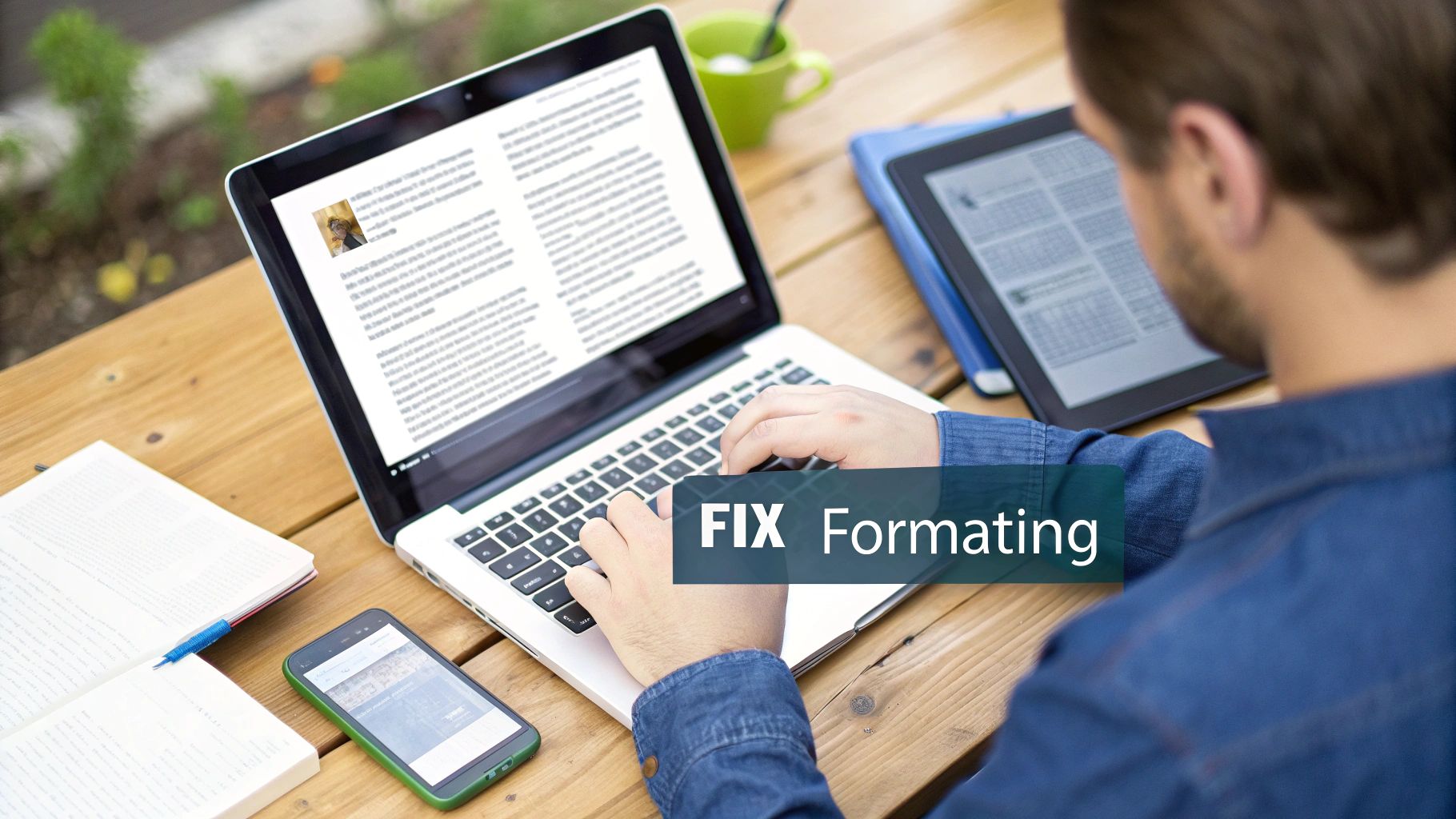 Person typing on a laptop, with an e-reader, smartphone, and book on a wooden table.