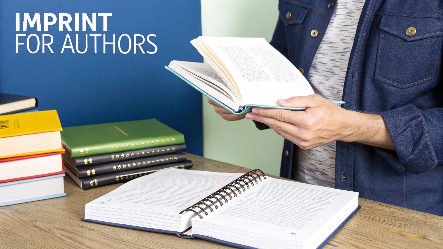 A person holds an open book, surrounded by stacks of colorful books on a wooden table.