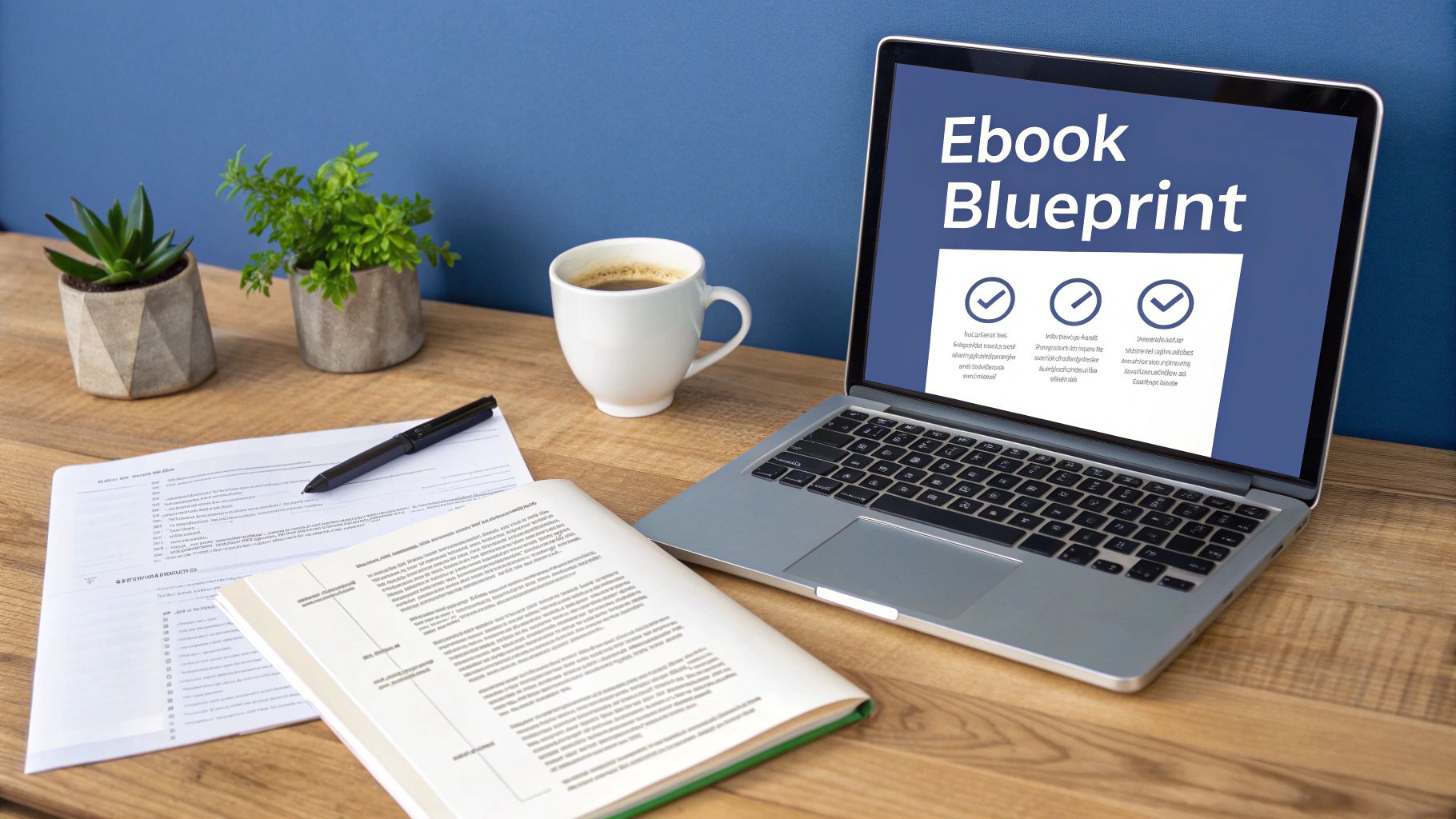 A work desk with a laptop showing 'Ebook Blueprint', a coffee mug, plants, and documents.
