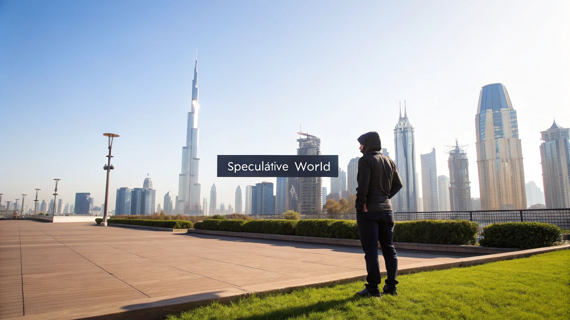 Man in hoodie looks at Dubai skyline with Burj Khalifa and a "Speculative World" sign.