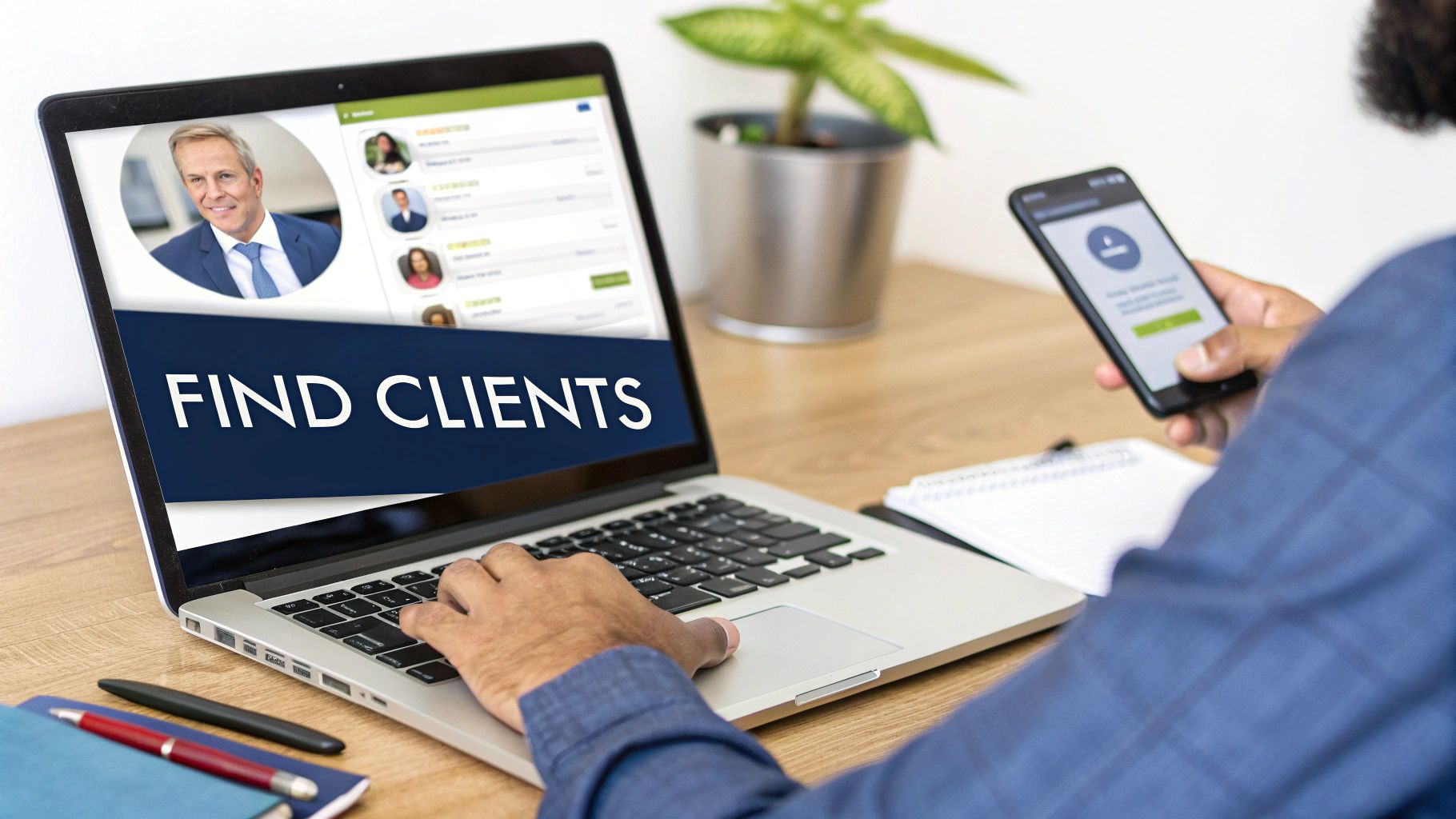 A person works on a laptop displaying 'FIND CLIENTS' and holds a smartphone, engaging in online business networking.