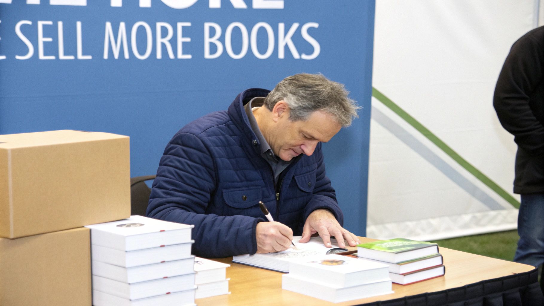 Author signing books at table during book launch event with promotional banner behind
