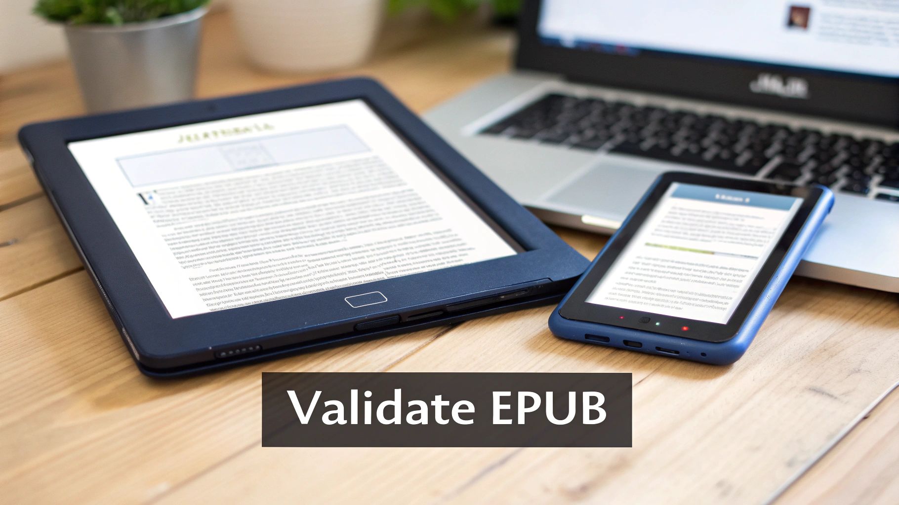 E-reader devices displaying digital documents on desk with laptop for EPUB validation