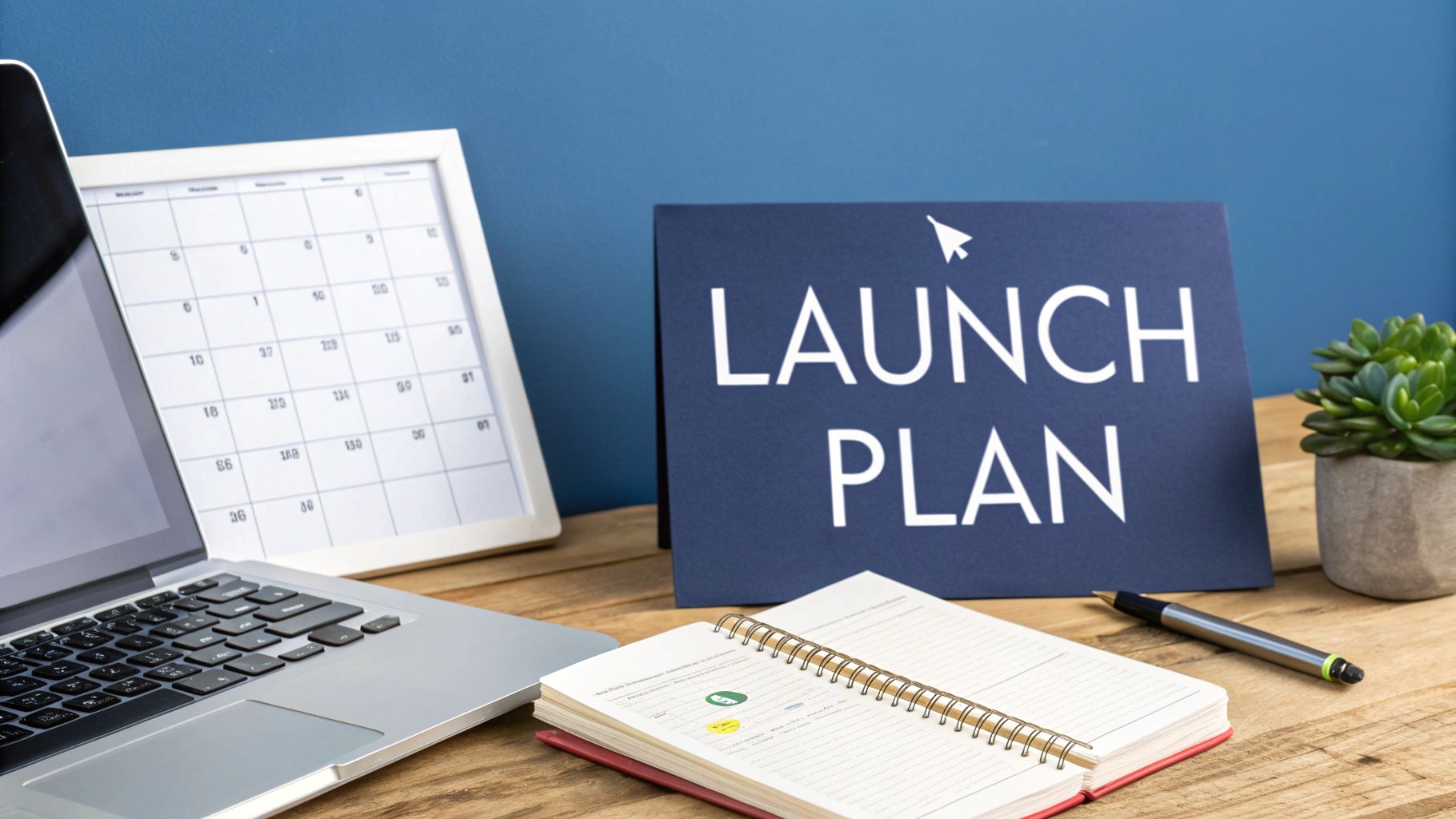 A desk with a laptop, a calendar, a 'LAUNCH PLAN' sign, notebook, and pen.