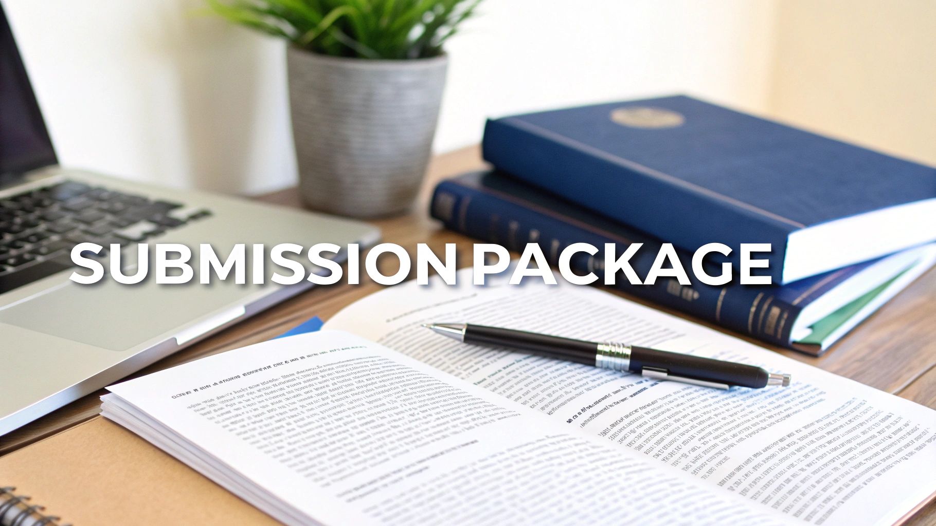 A desk setup featuring a laptop, books, open documents, and a pen, with 'SUBMISSION PACKAGE' text overlay.